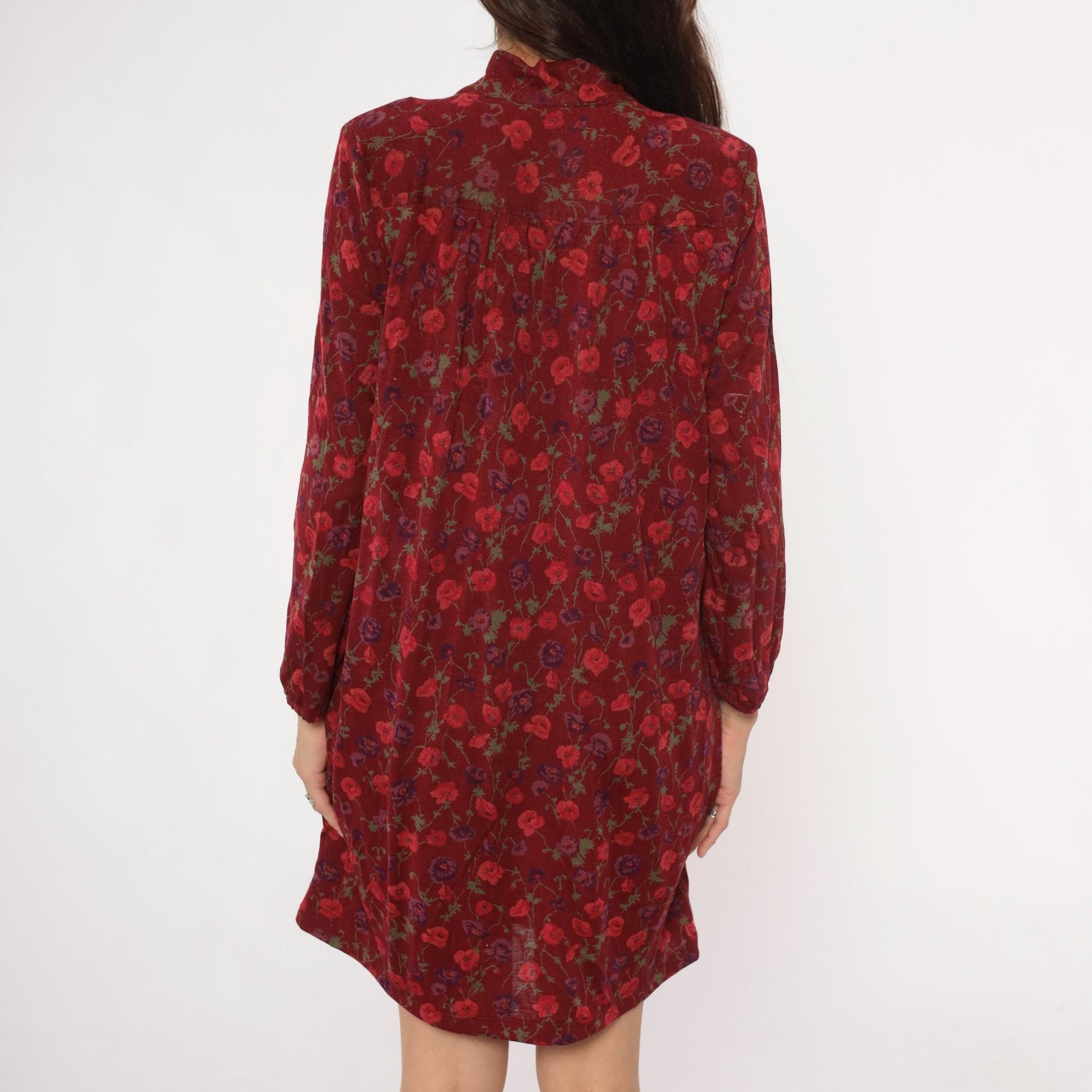 80s Burgundy Floral Midi Dress Long Sleeve Tie Neck Button Front Medium