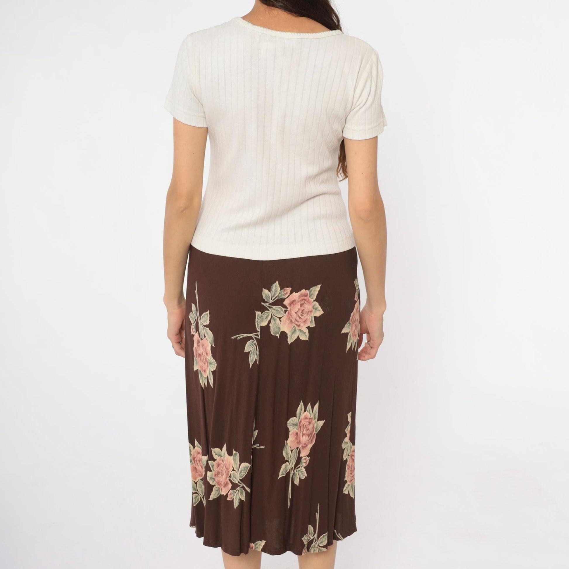 90s Cristina Colorblock Midi Dress Cream Ribbed Knit Brown Floral Medium