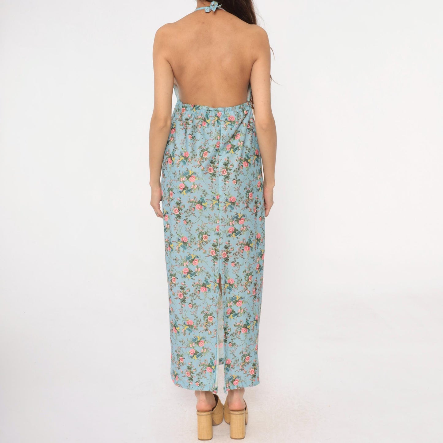 70s Light Blue Floral Maxi Halter Dress Empire Waist Pink Roses Small