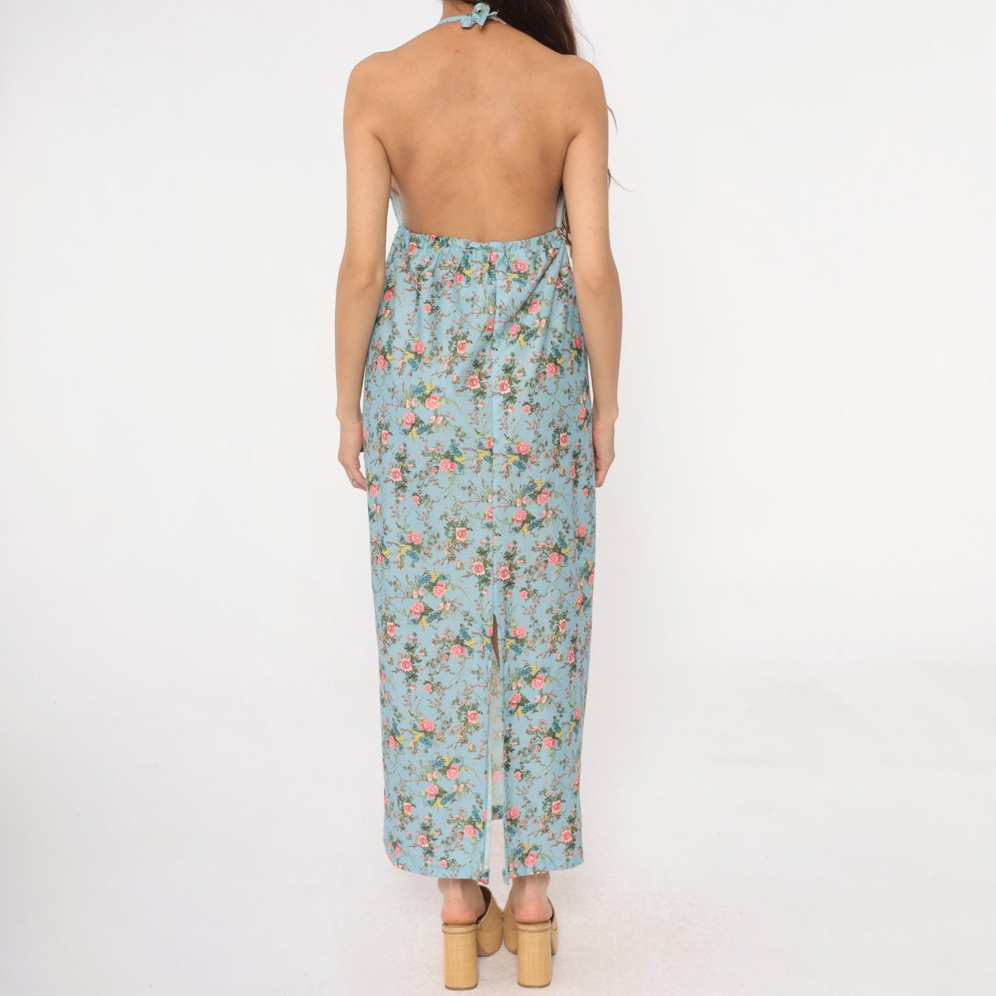 70s Light Blue Floral Maxi Halter Dress Empire Waist Pink Roses Small