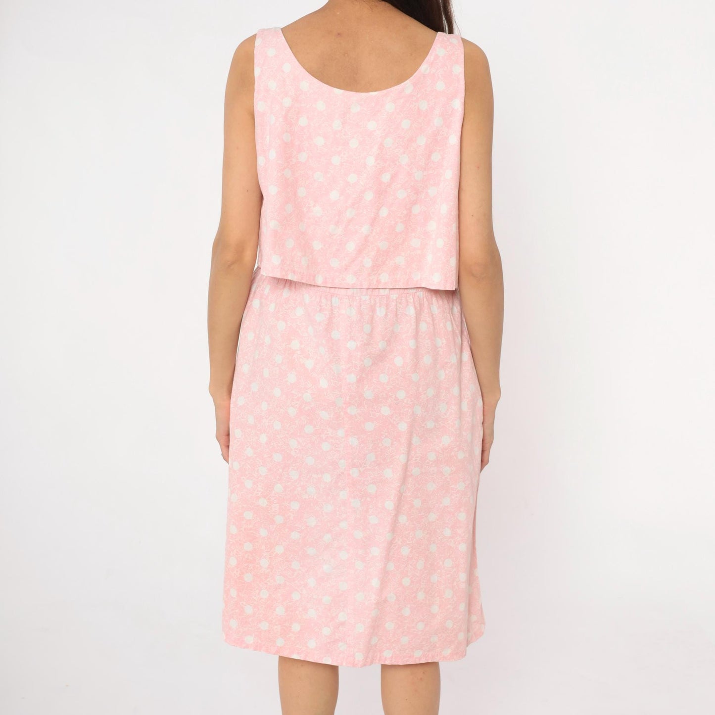 90s Pink Polka Dot Cotton Sundress Sleeveless Scoop Neck Medium M