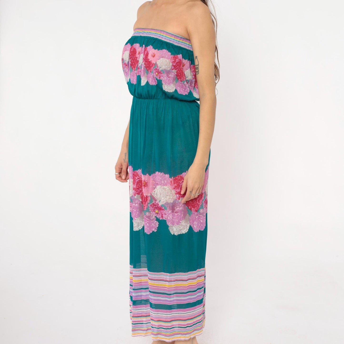 80s Teal Floral Strapless Maxi Dress Pink Purple Carnation Print Small S