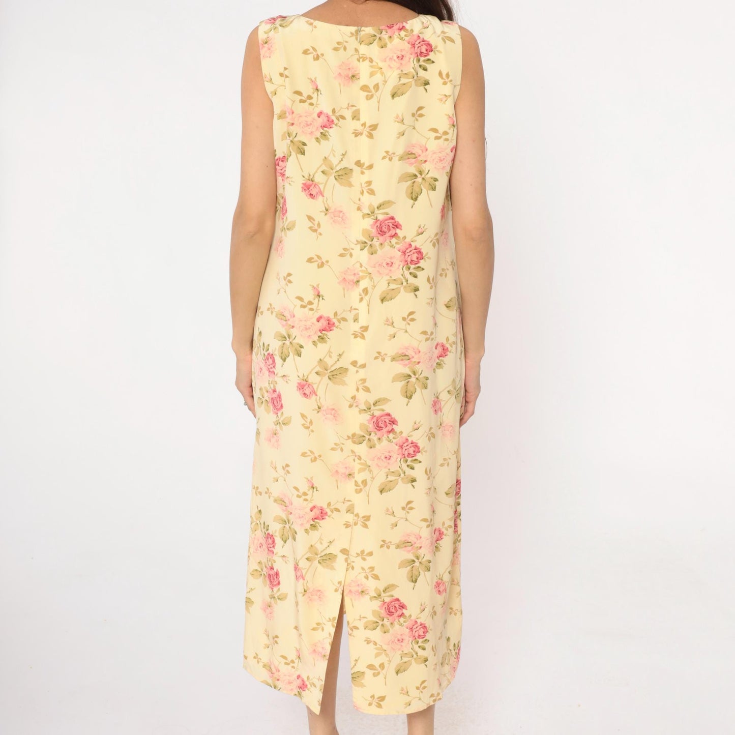 90s Silk Maxi Dress Yellow Floral Rose Print Shift Sleeveless Large L