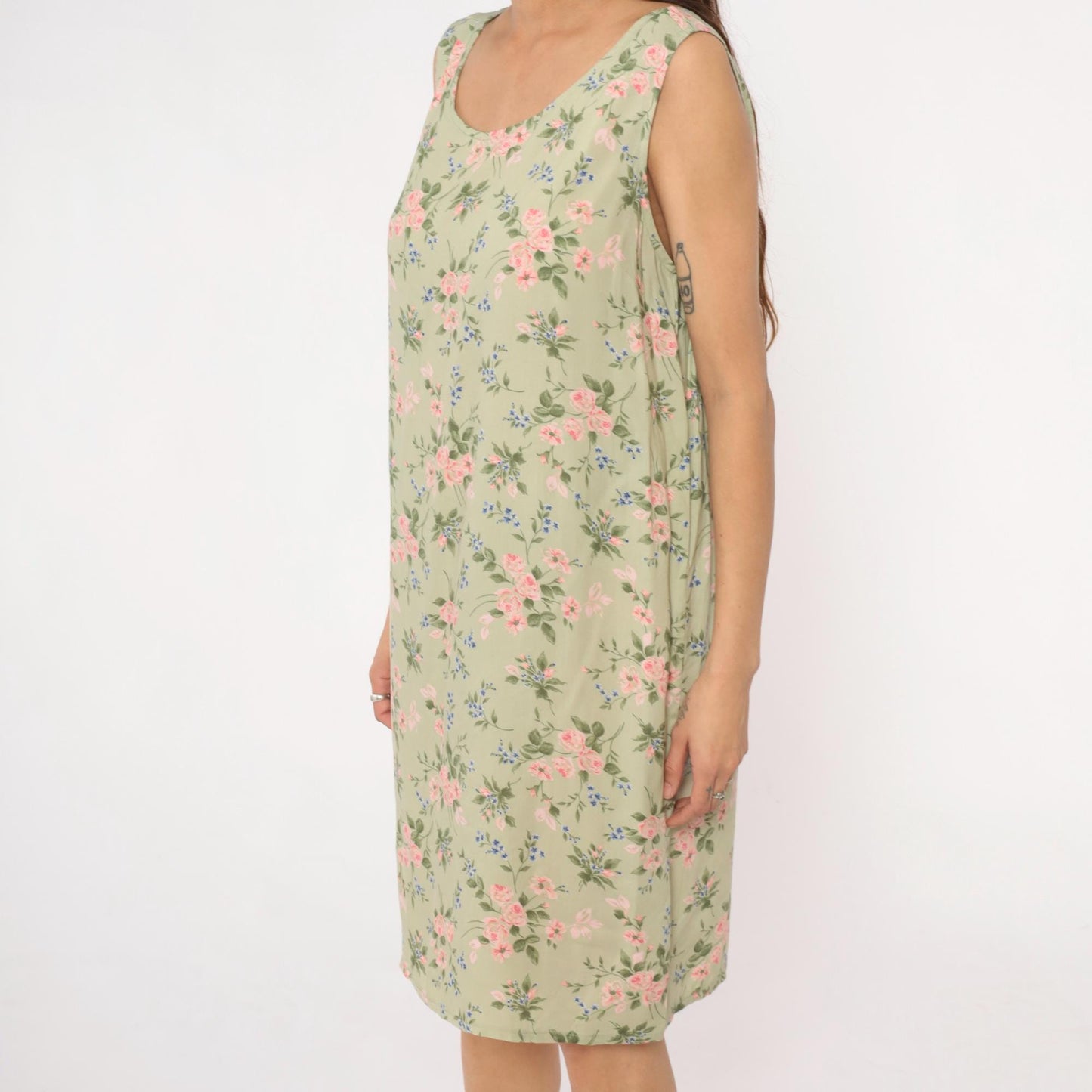 90s Lancaster Clothing Floral Shift Dress Sage Green Pink Roses Extra Large