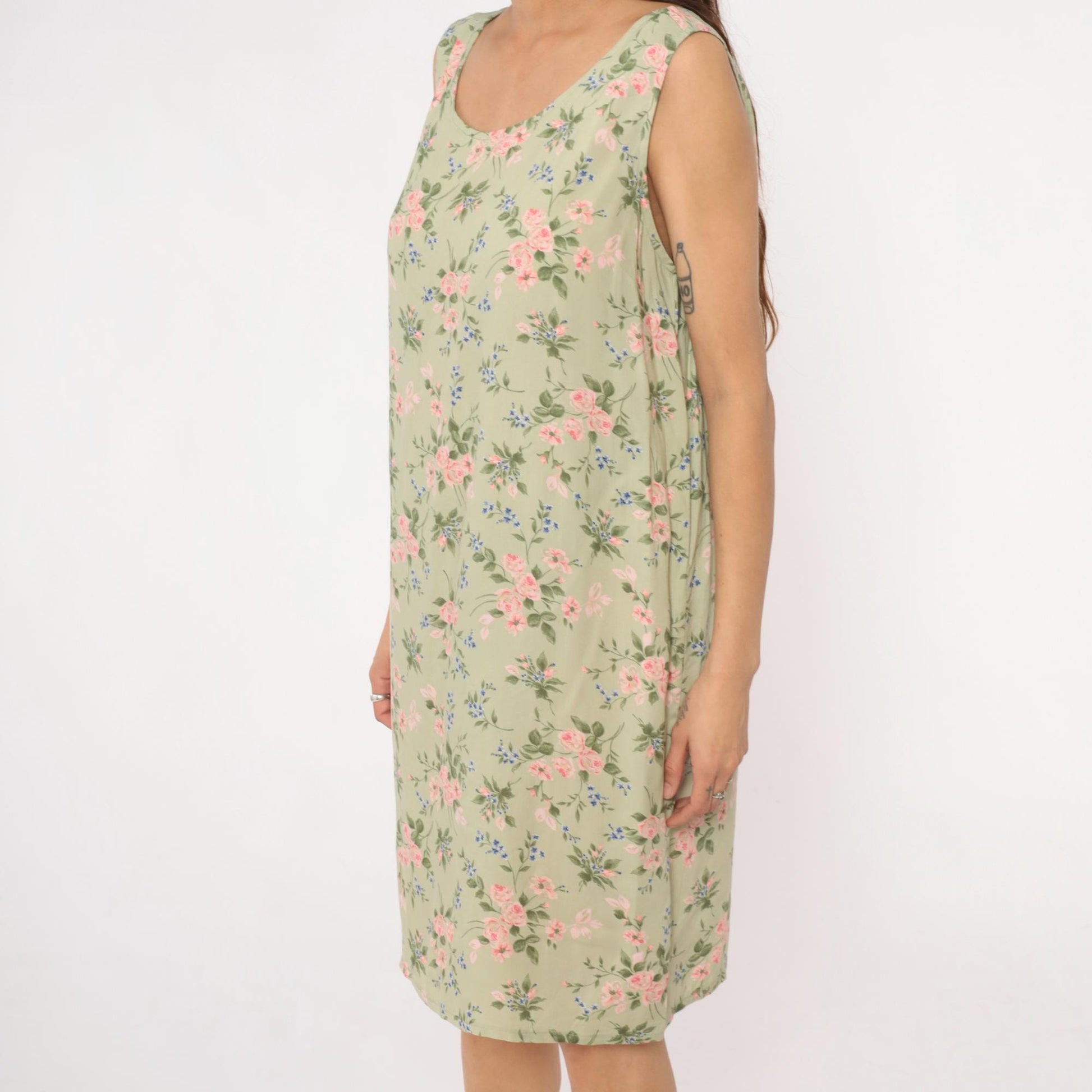 90s Lancaster Clothing Floral Shift Dress Sage Green Pink Roses Extra Large