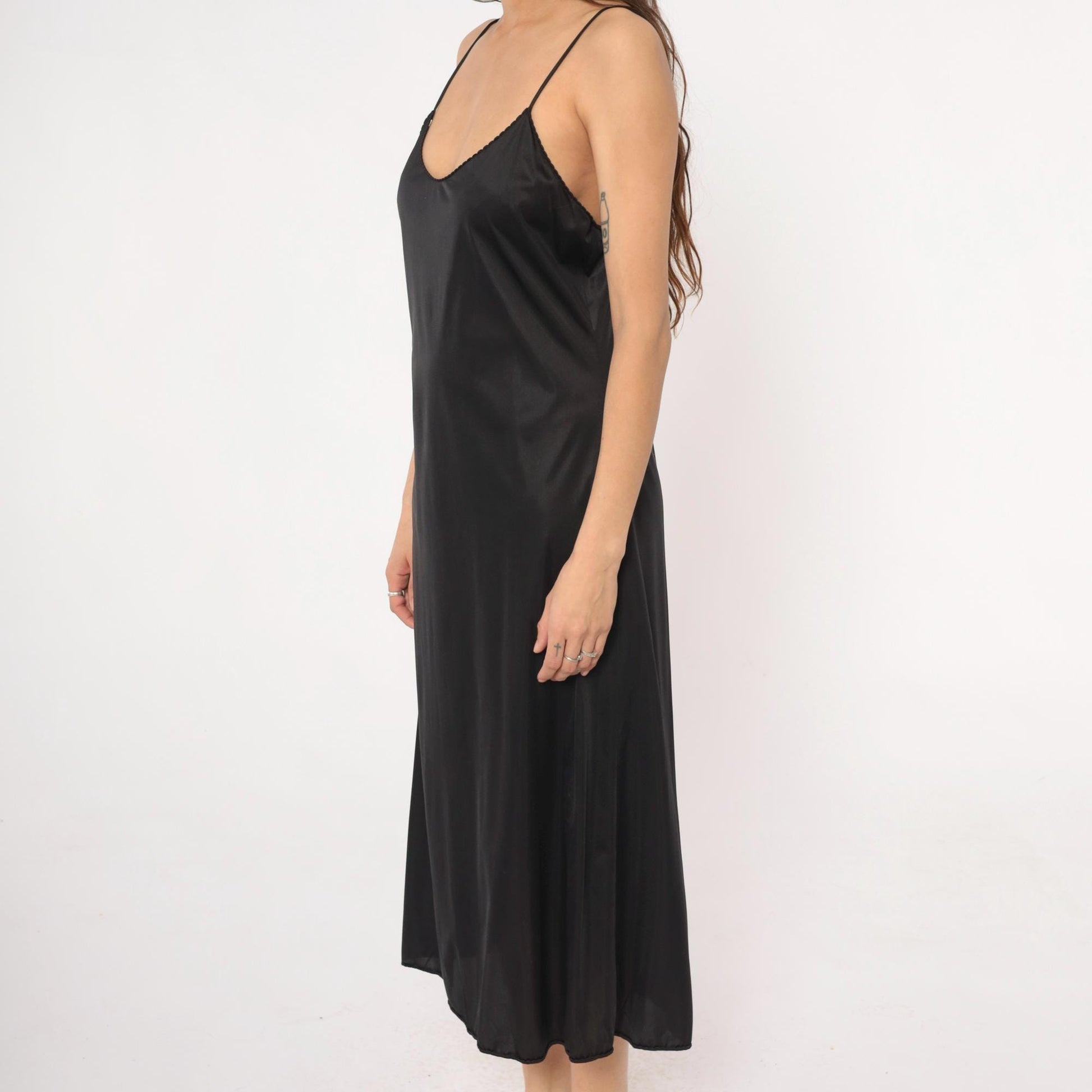 90s Vanity Fair Black Slip Dress Spaghetti Strap Lace Trim Midi Medium
