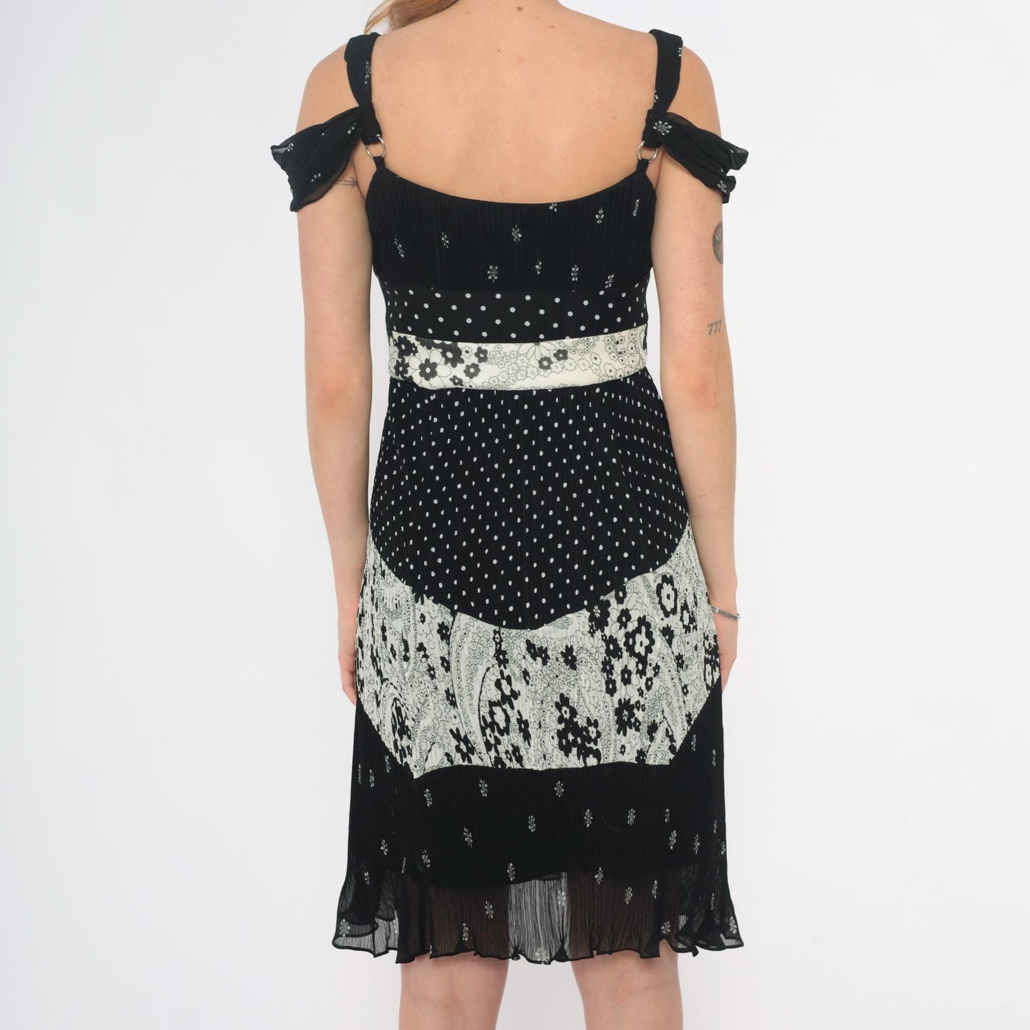 Y2K Alberto Makali Black Mini Dress Mixed Print Cold Shoulder Small S