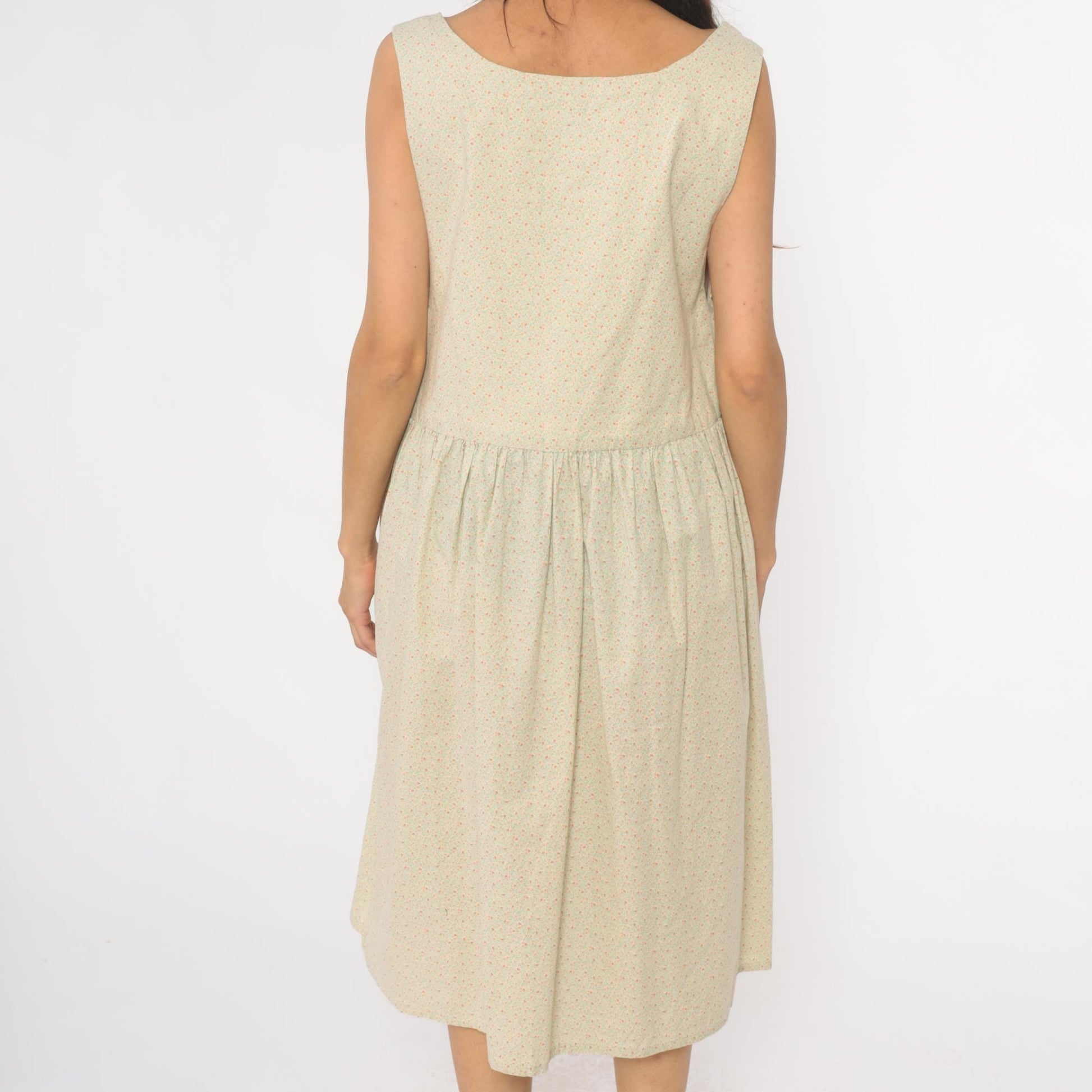 90s Cream Floral Appliqué Drop Waist Midi Dress Gathered Skirt Medium