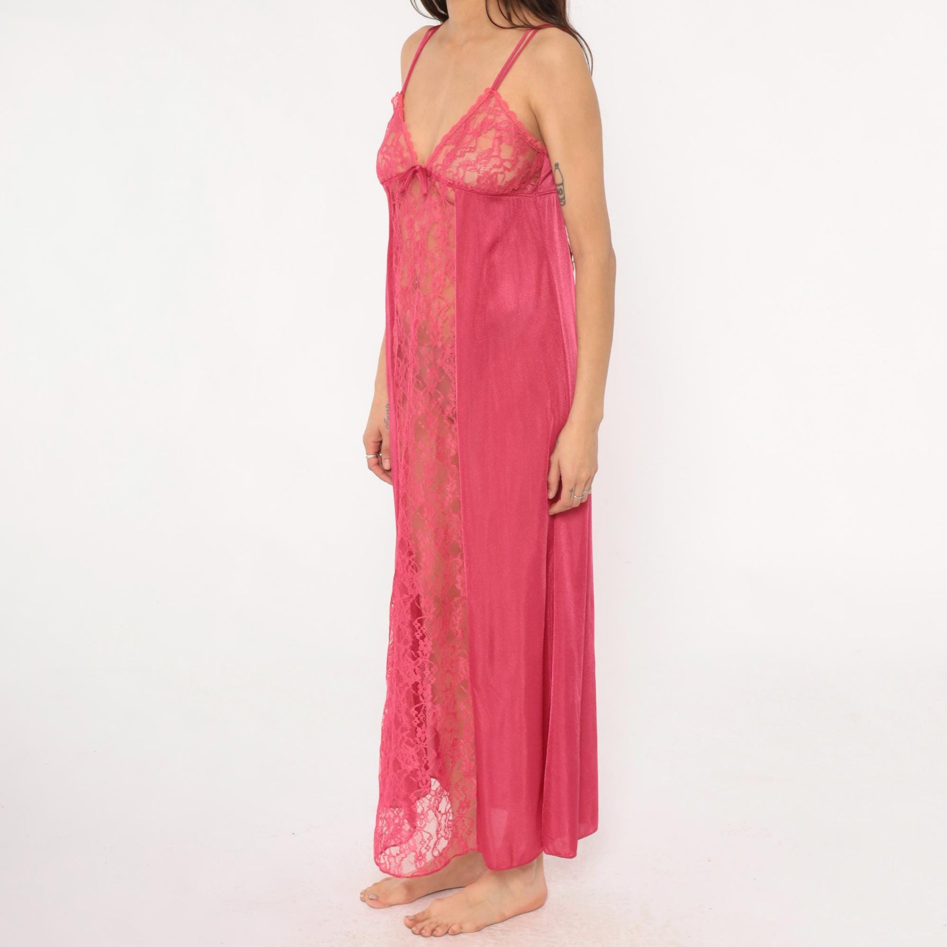 80s Rose Pink Lace Maxi Nightgown V-Neck Spaghetti Strap Medium