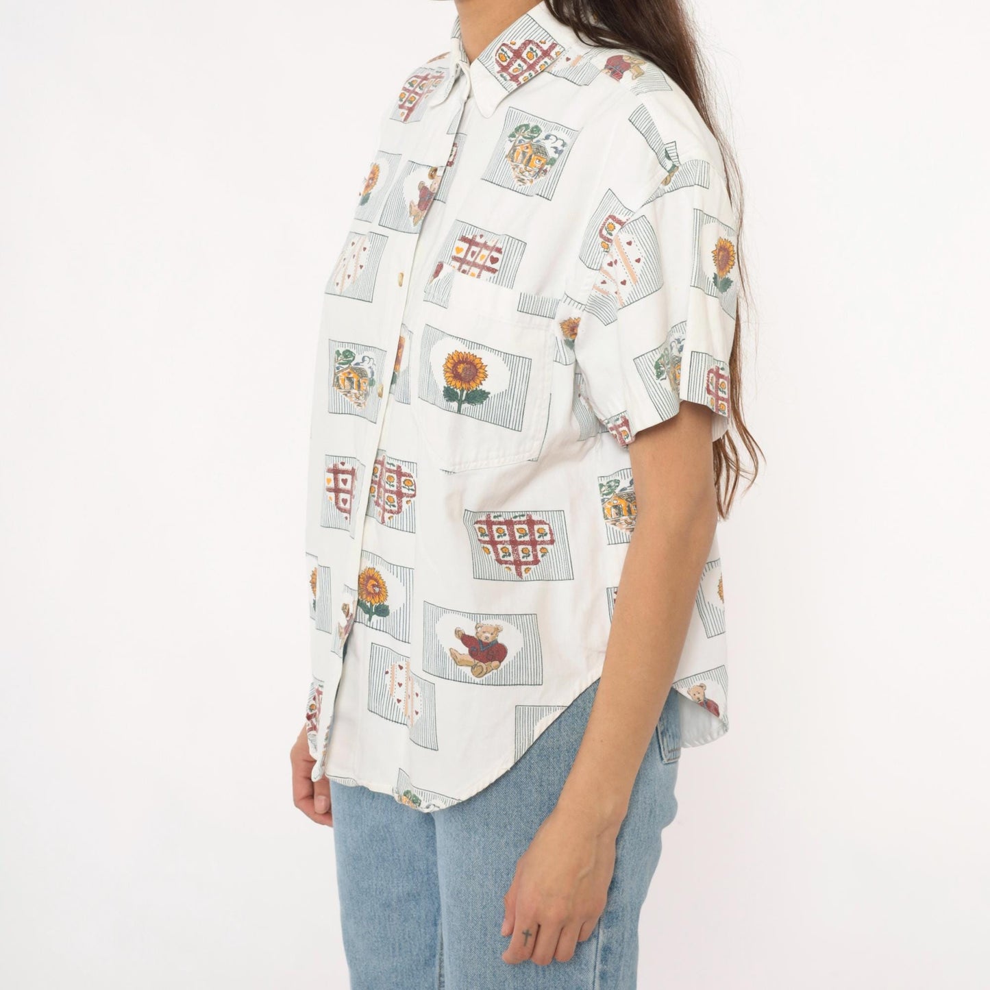 90s Cream Cotton Button-Up Shirt Sunflower Teddy Bear Heart Print Large L