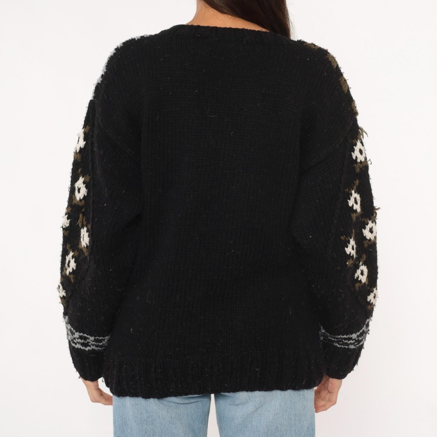 80s Midnight Blues Patchwork Knit Sweater Black Geometric Floral Small