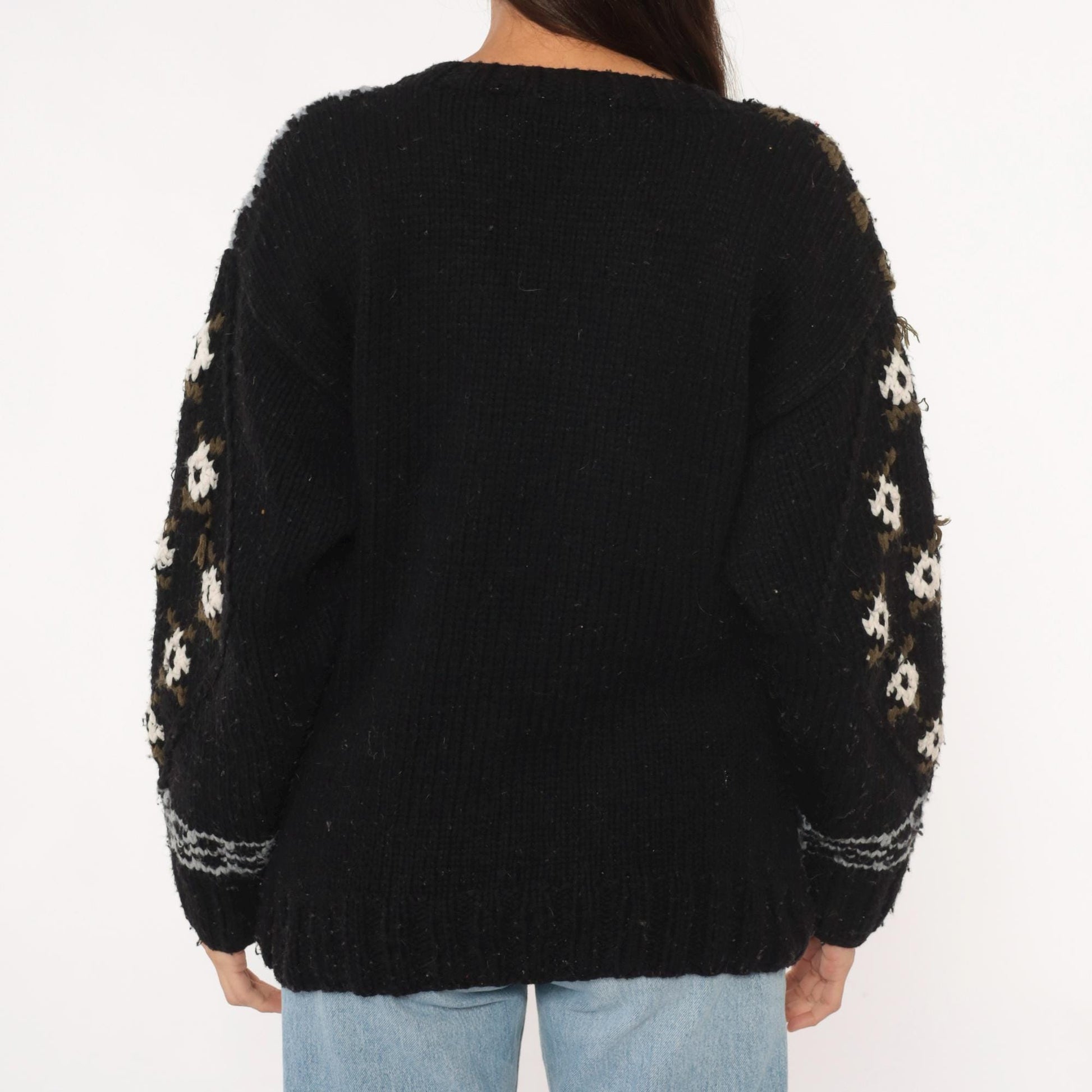 80s Midnight Blues Patchwork Knit Sweater Black Geometric Floral Small