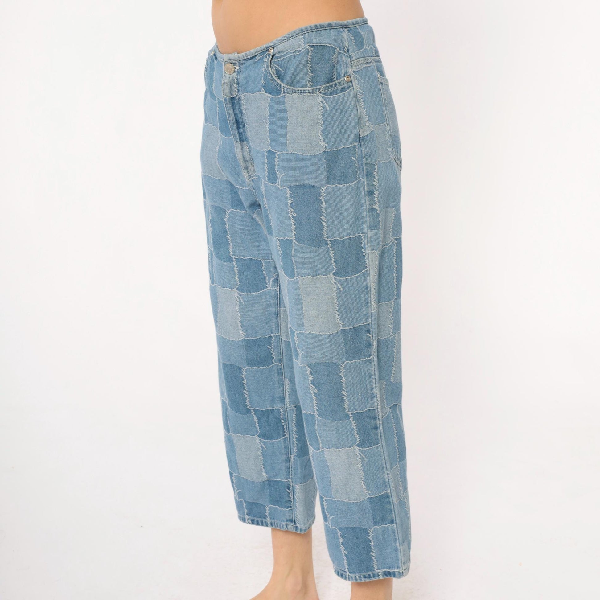 Y2K Carolina Blues Patchwork Denim Jeans Cropped Light Blue Medium M