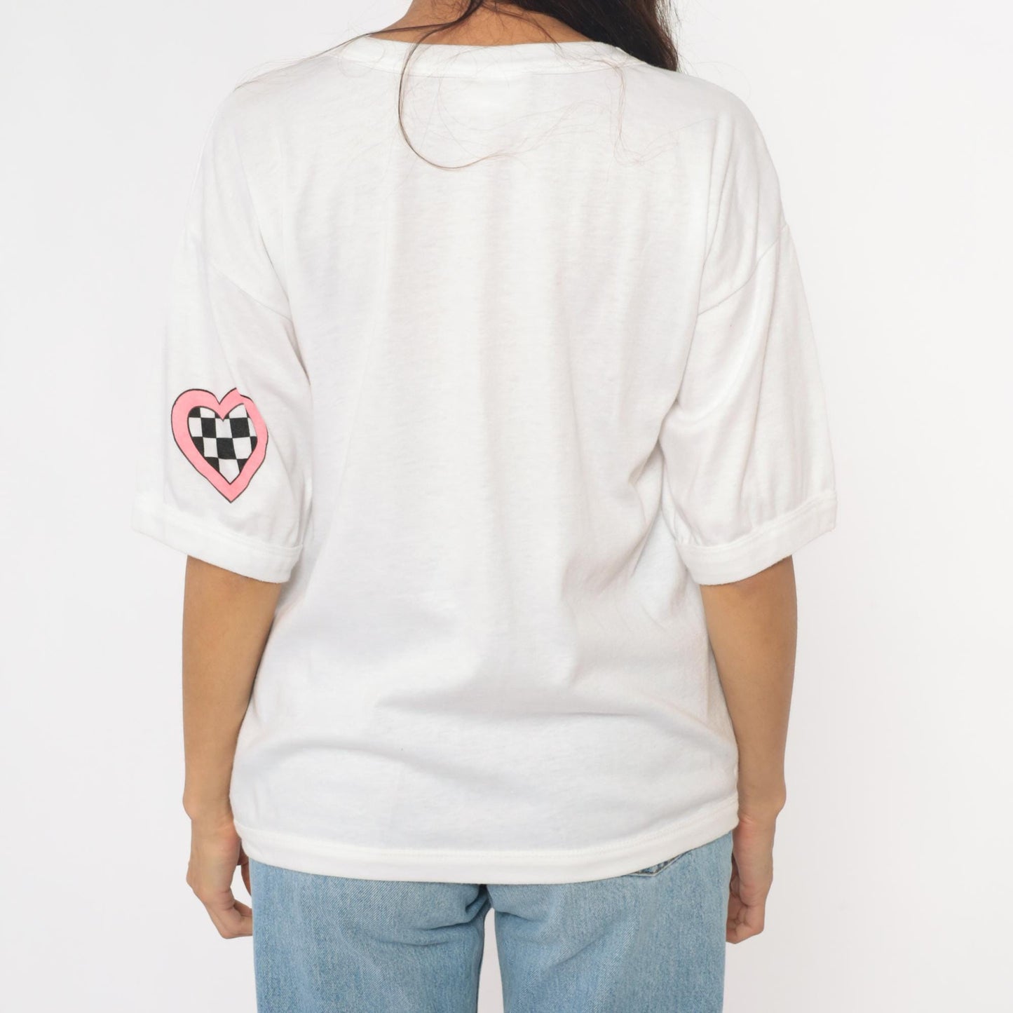 90s Puppy Love Graphic T-Shirt White Checkered Hearts Dogs Medium M