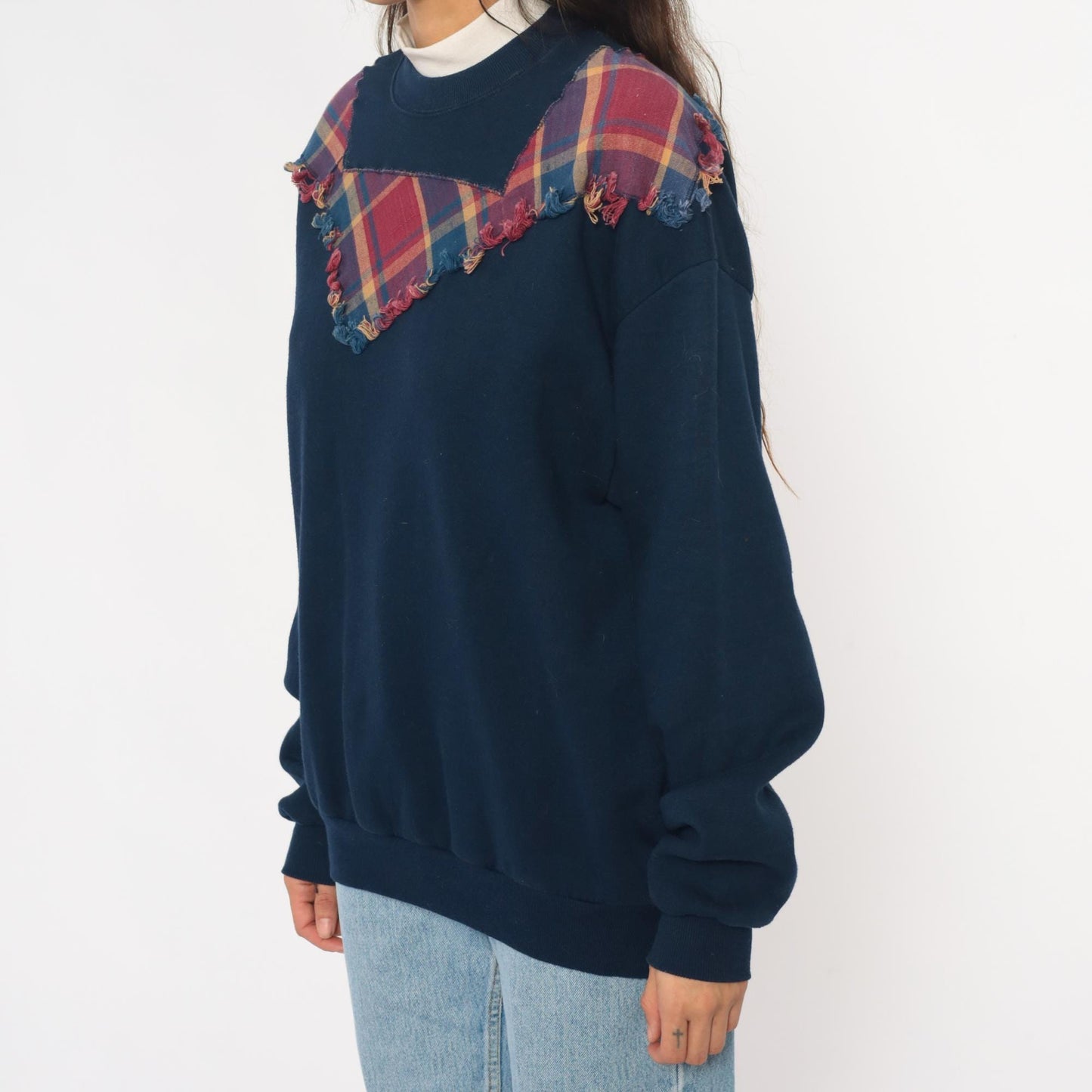 90s Jerzees Navy Plaid Yoke Sweatshirt Burgundy Teal Frayed Crewneck Extra Large XXL
