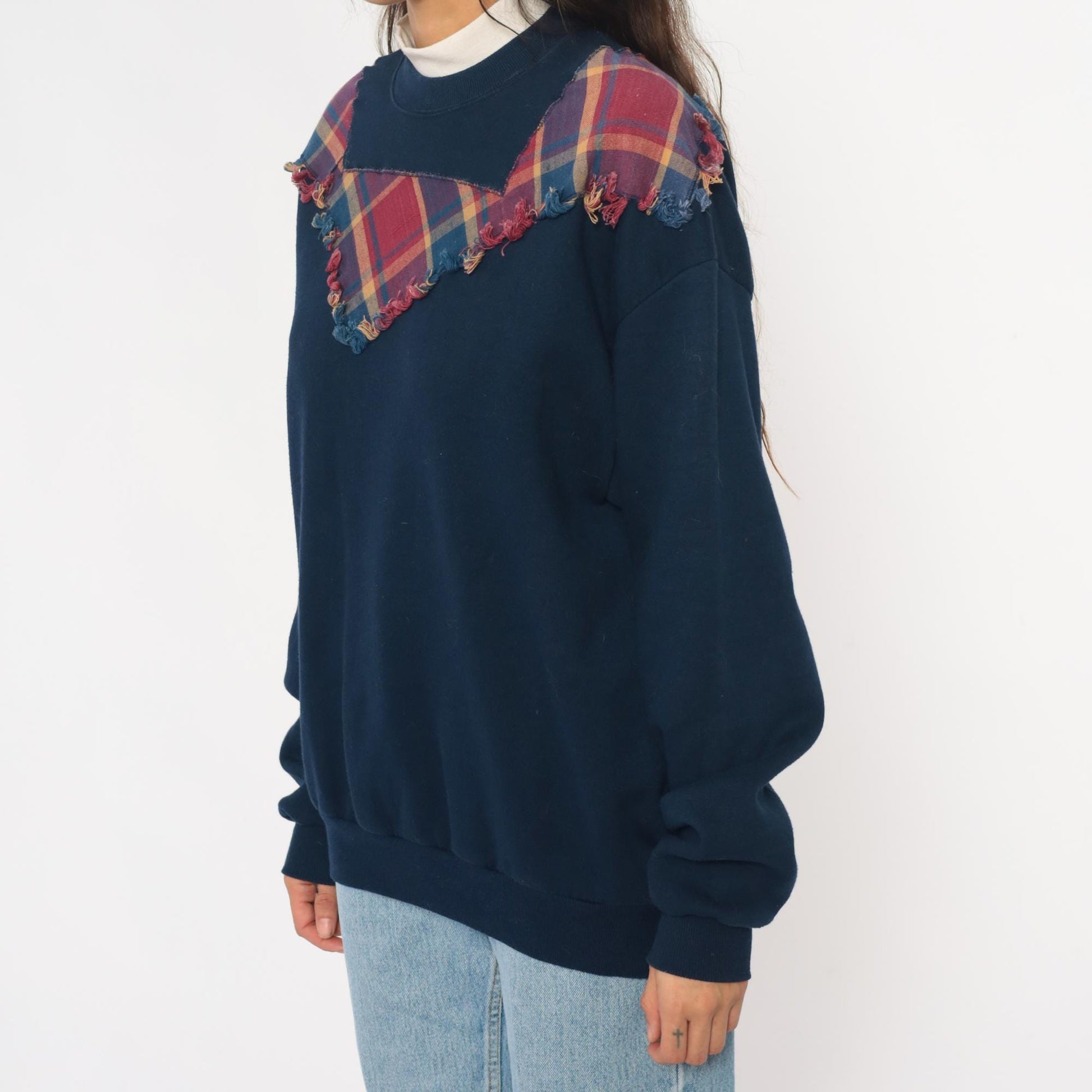 90s Jerzees Navy Plaid Yoke Sweatshirt Burgundy Teal Frayed Crewneck Extra Large XXL