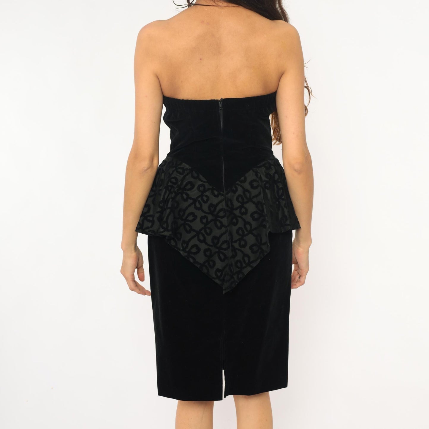 90s Milarzo Black Velvet Strapless Dress Sweetheart Neckline Peplum Extra Small XS