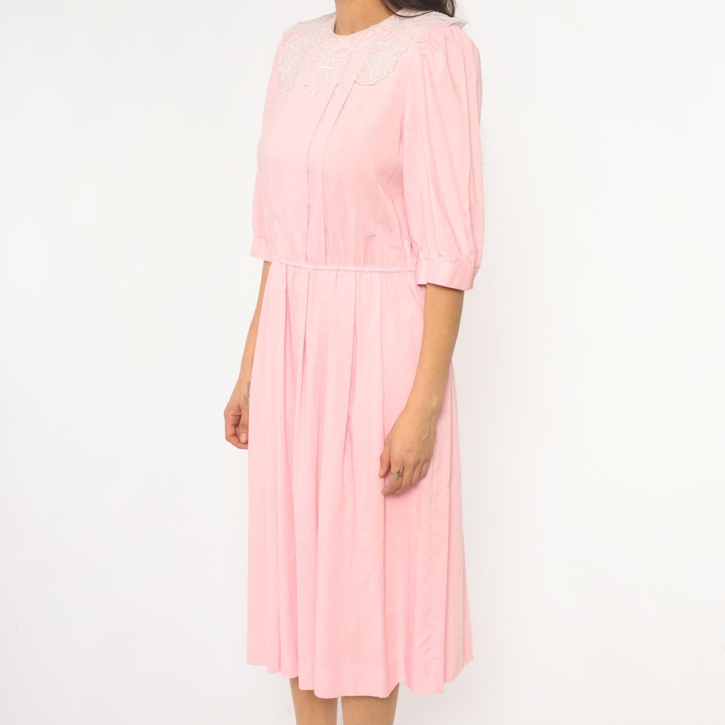 90s Blush Pink Midi Dress Embroidered Floral Collar Puff Sleeve Medium