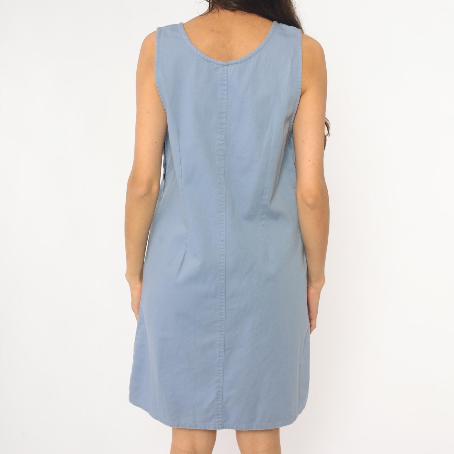 90s Basic Editions Powder Blue Cotton Shift Dress Floral Embroidered Small S