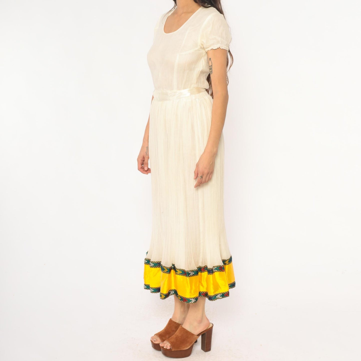 70s Cream Maxi Dress Puff Sleeve Pleated Skirt Embroidered Trim Extra Small