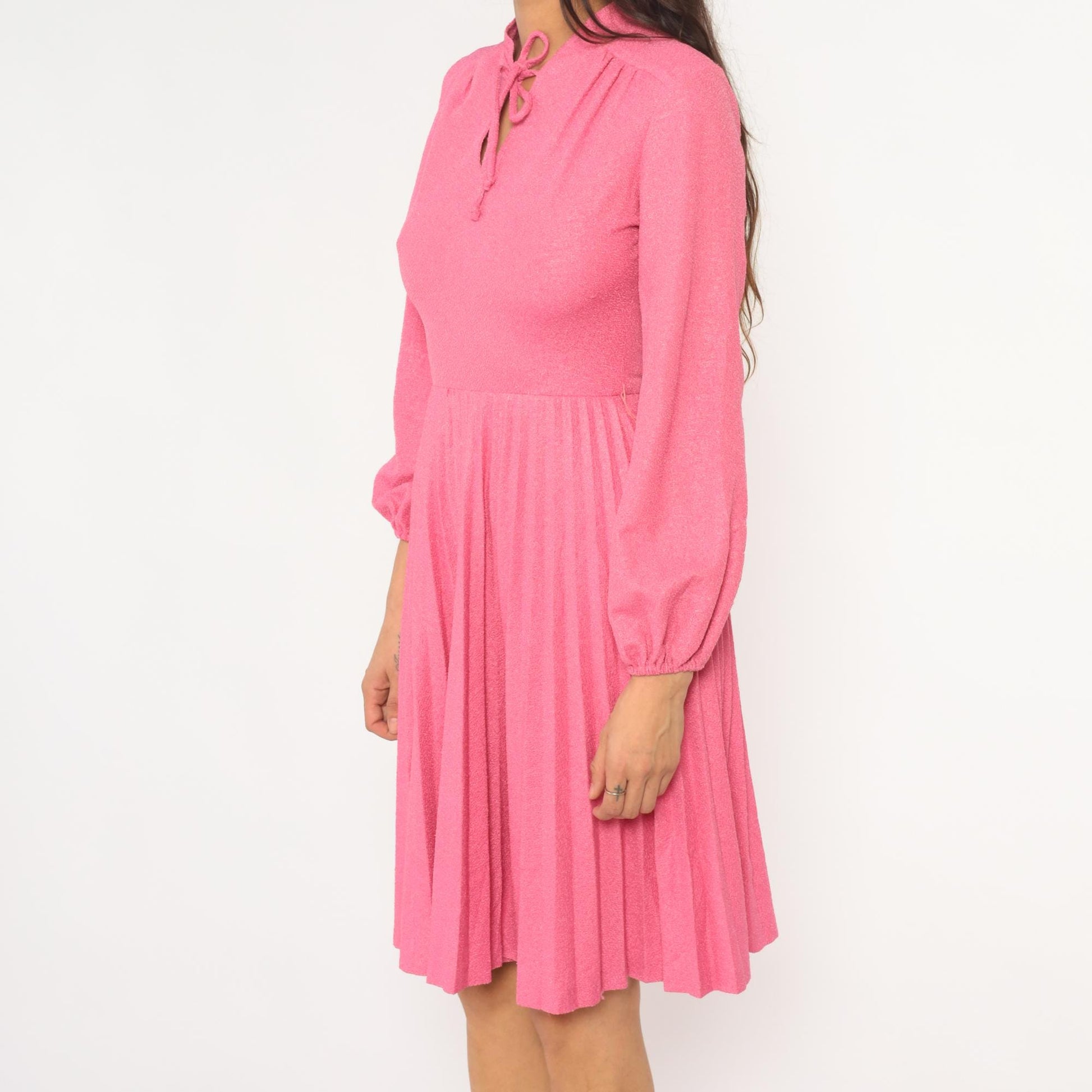 70s Hot Pink Midi Dress Mock Neck Pleated Skirt Bishop Sleeve Extra Small XS