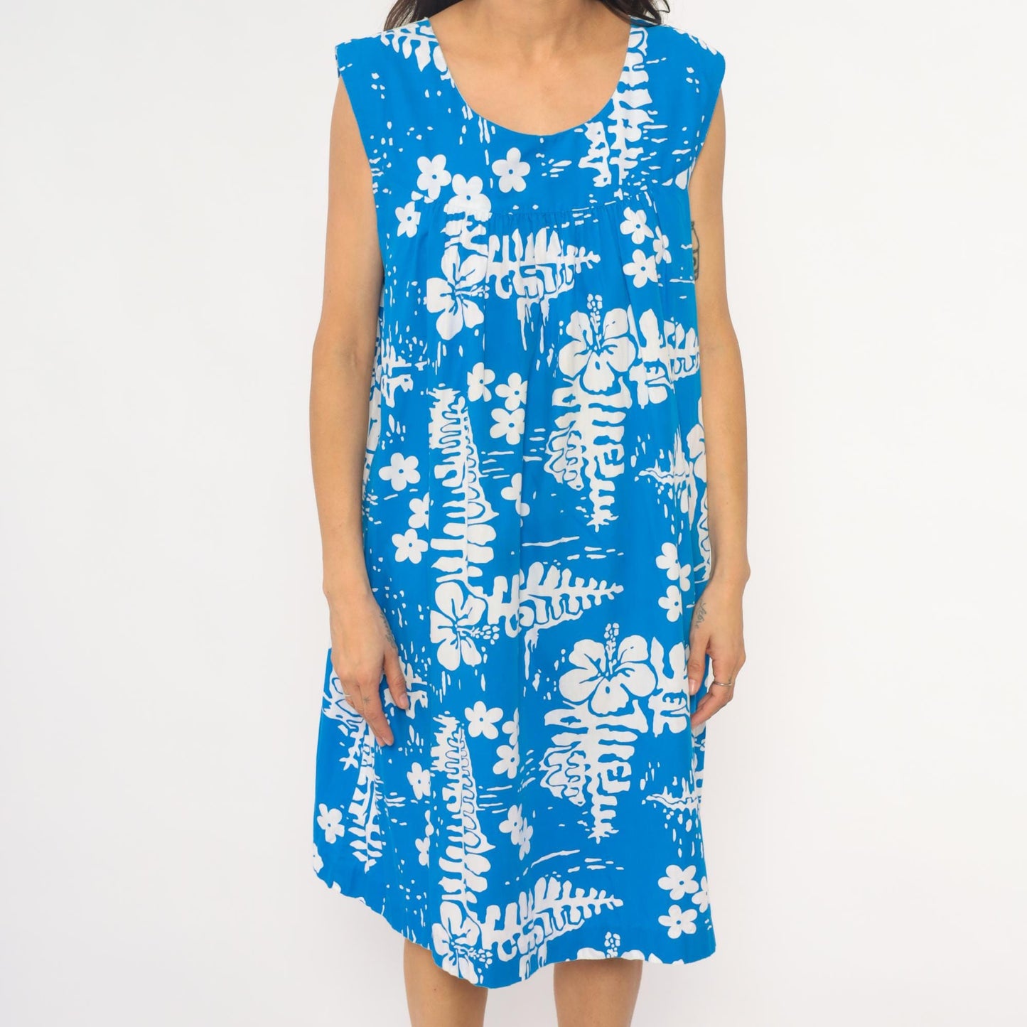 90s Hawaiian Tropical Floral Empire Waist Dress Blue Cotton Knee Length Medium