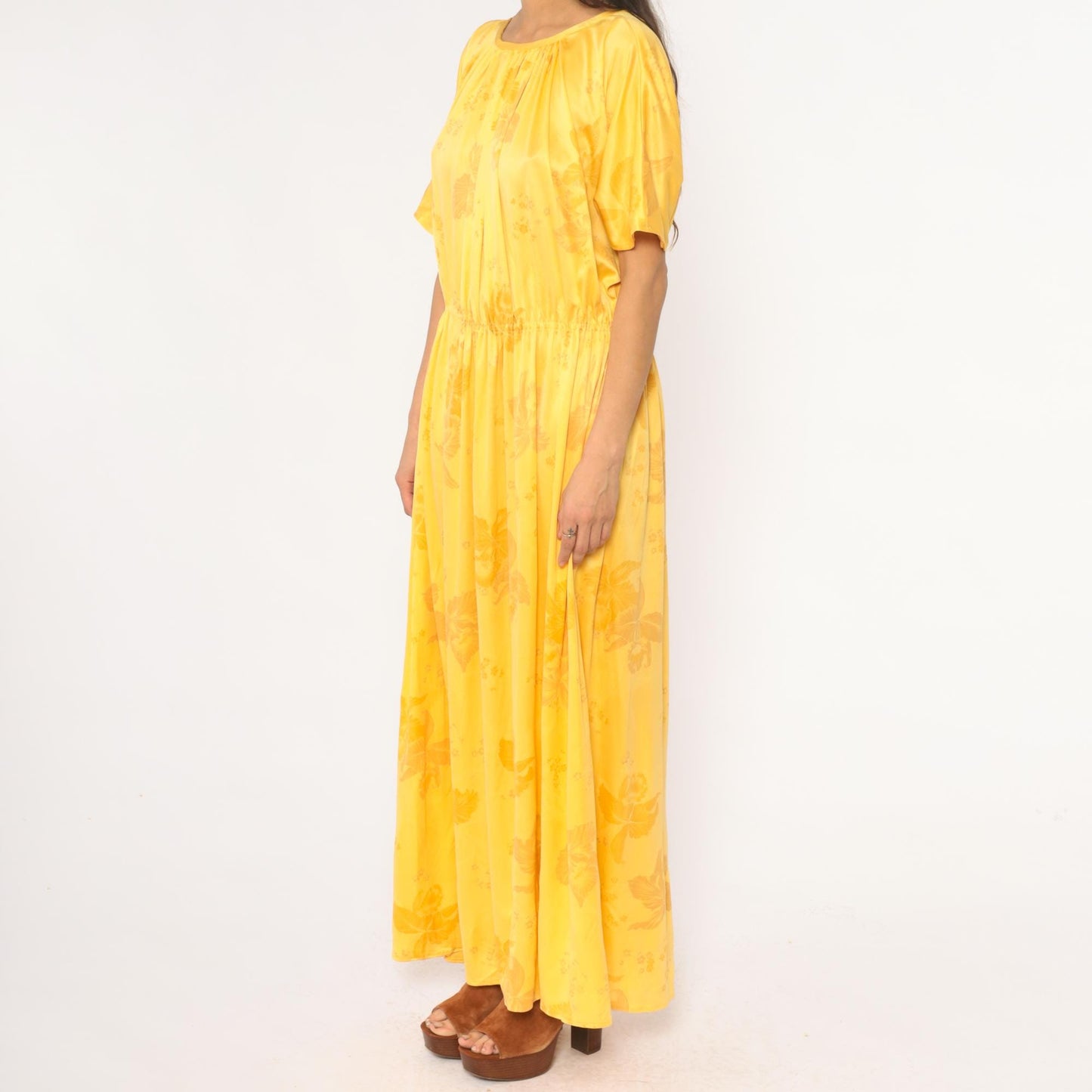 70s Yellow Floral Maxi Dress Flutter Sleeve Gathered Waist Medium Large
