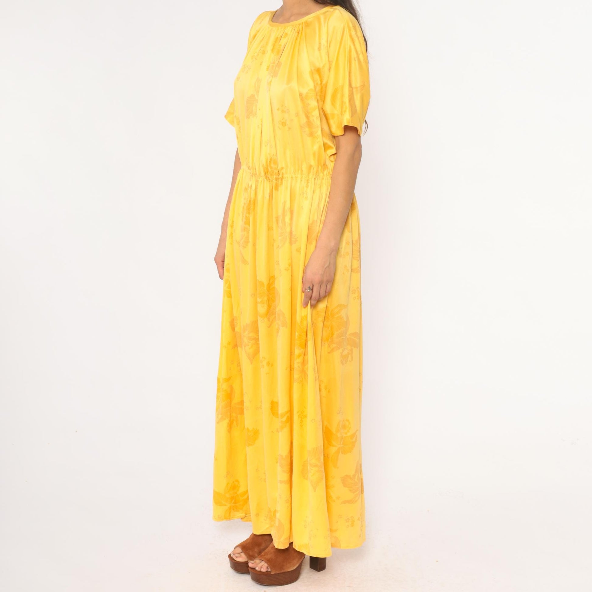 70s Yellow Floral Maxi Dress Flutter Sleeve Gathered Waist Medium Large