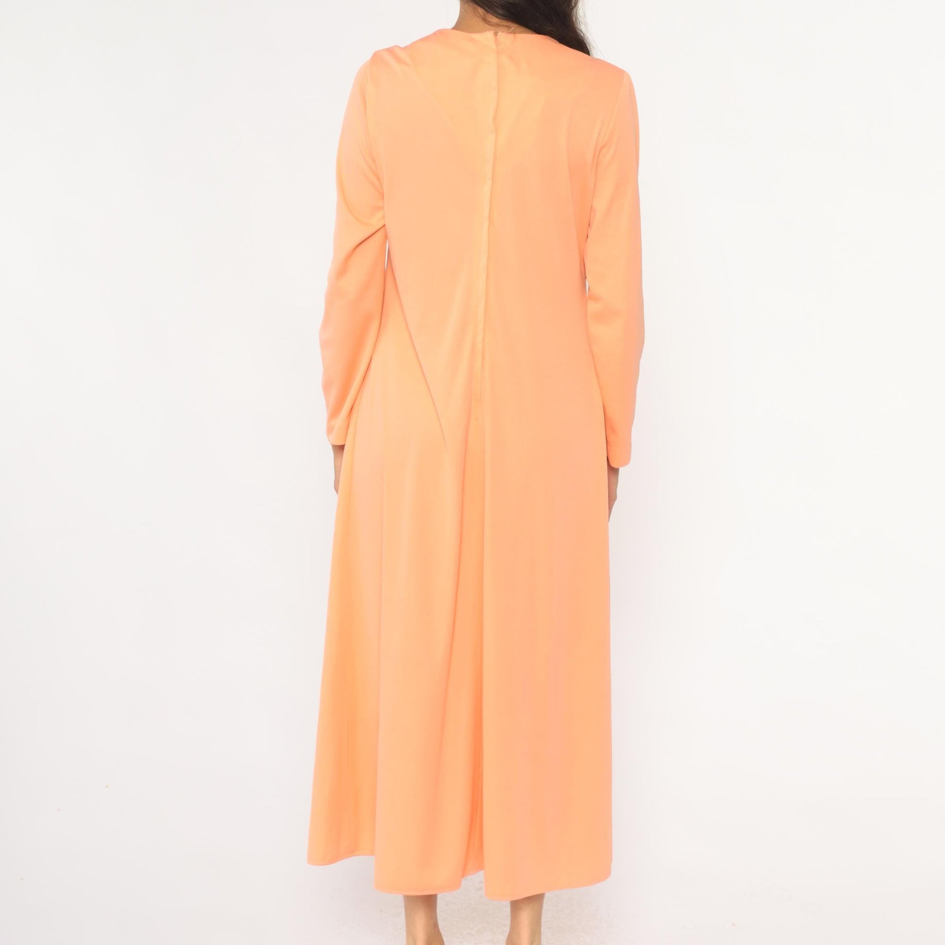 70s Lily Lynn Peach Maxi Dress Long Sleeve V-Neck Wrap Bodice Medium
