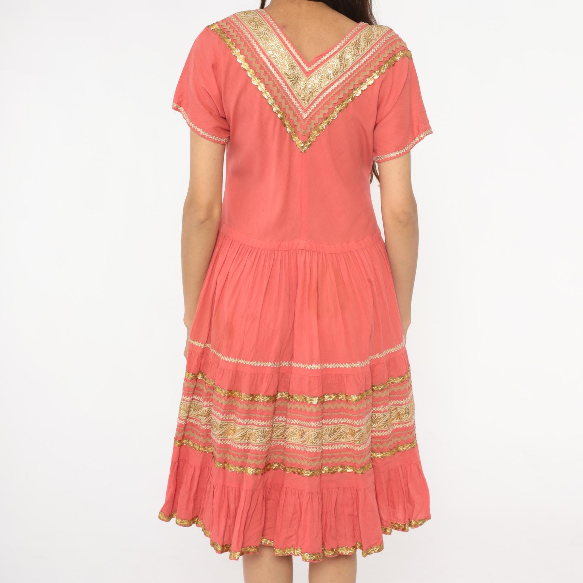 60s Faye Creations Prairie Dress Coral Pink Gold Trim Tiered Cotton Medium M
