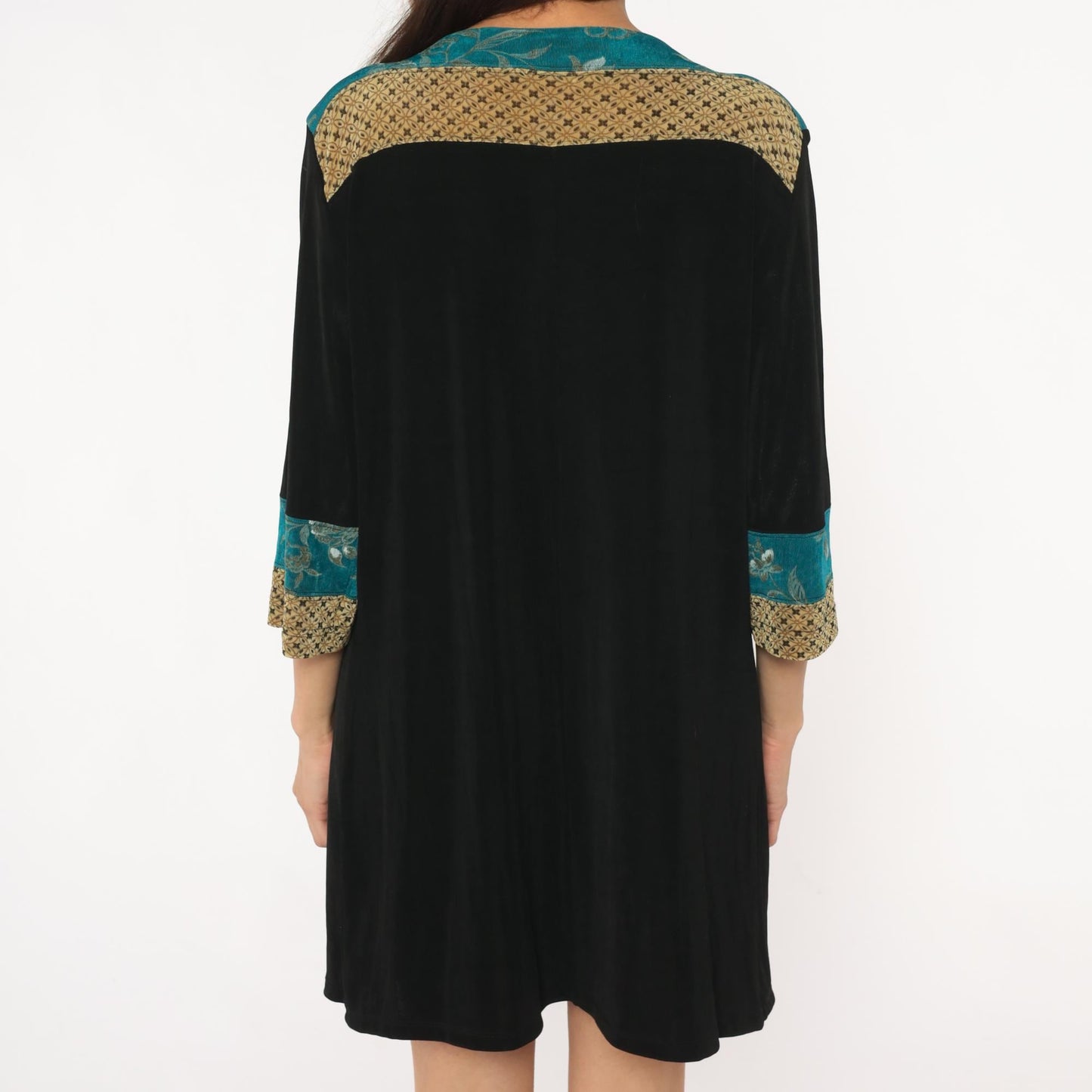 90s Vikki Vi Mini Dress Black Teal Floral Gold Colorblock Large L