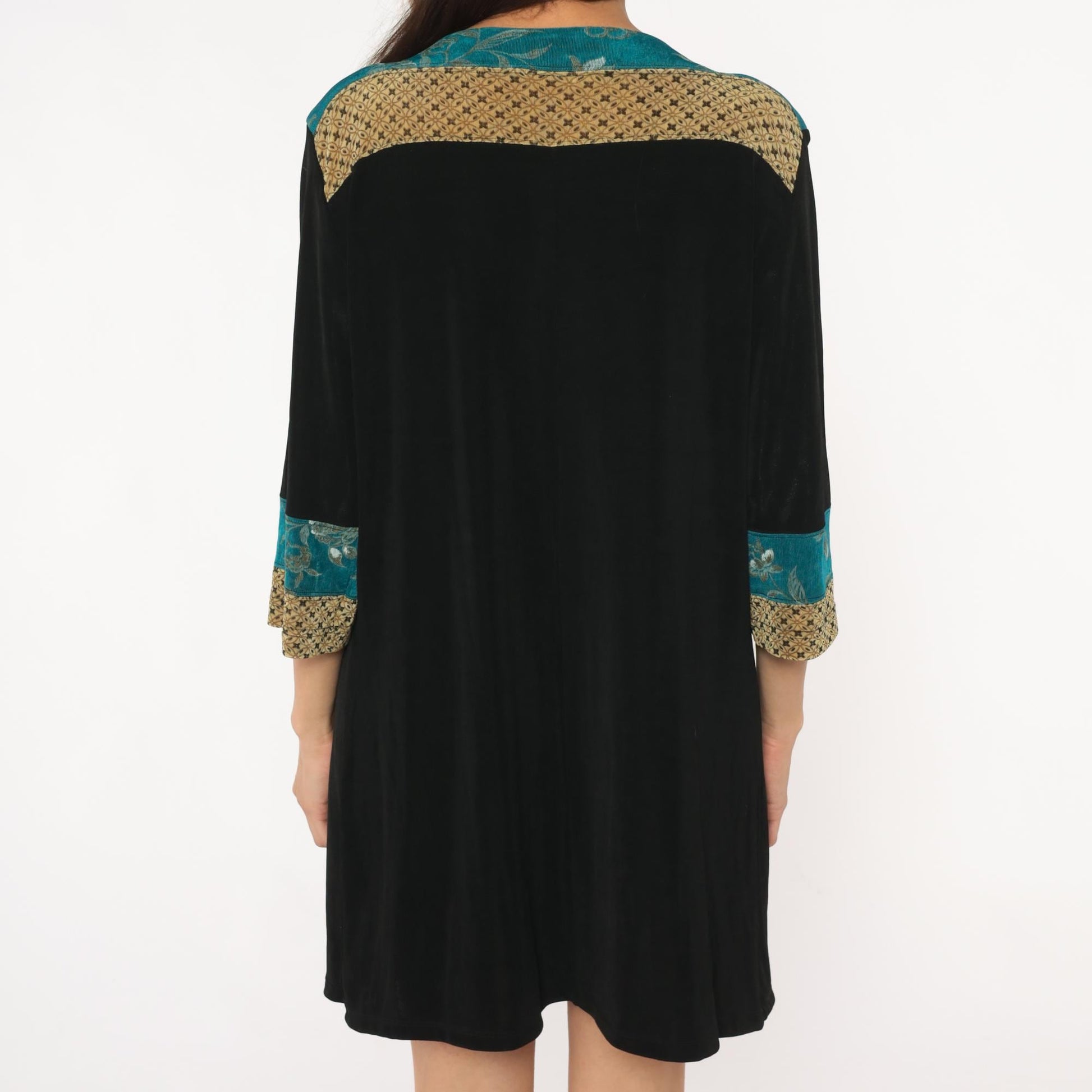 90s Vikki Vi Mini Dress Black Teal Floral Gold Colorblock Large L