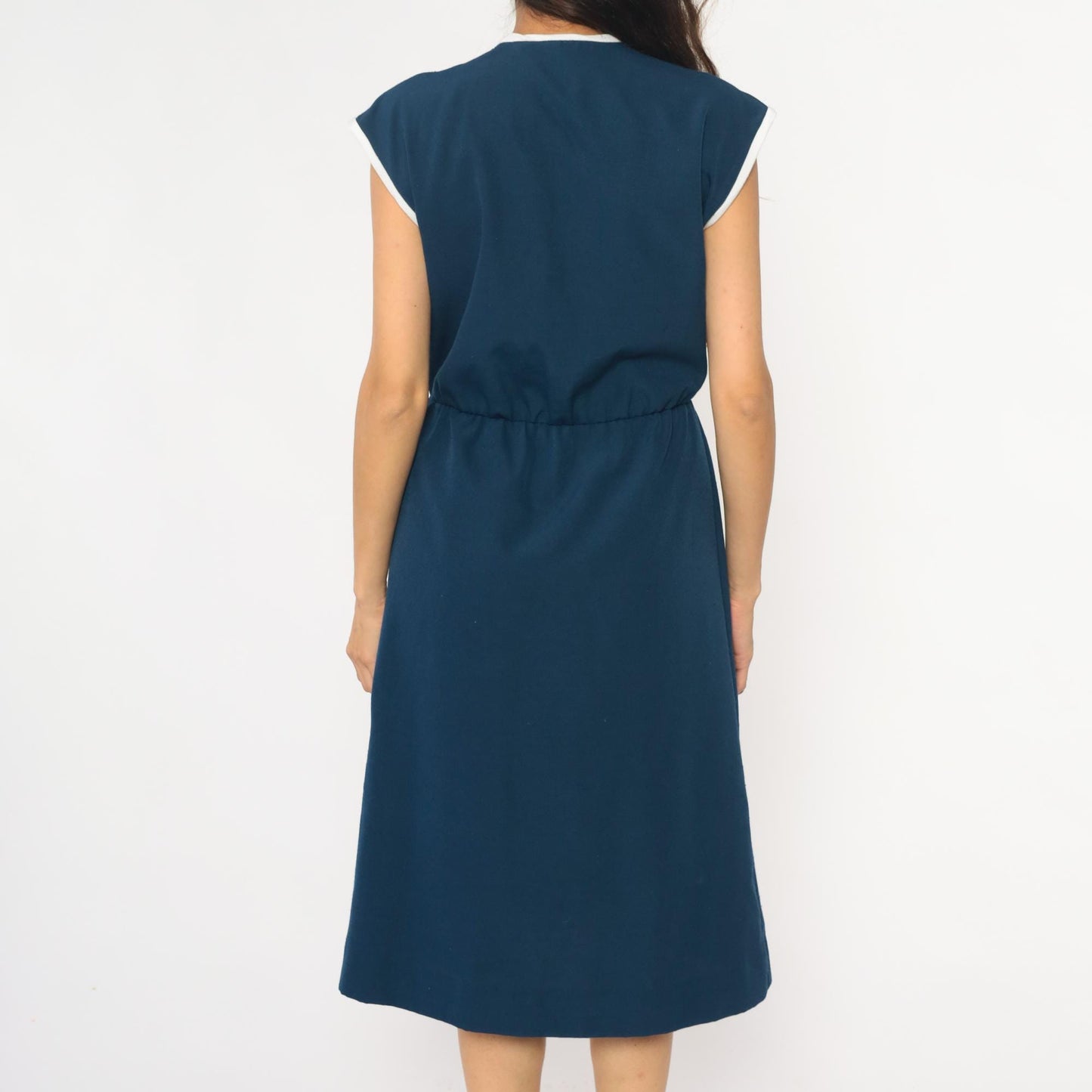 80s Toni Todd Navy Wrap Dress White Trim Cap Sleeve Midi Small Medium