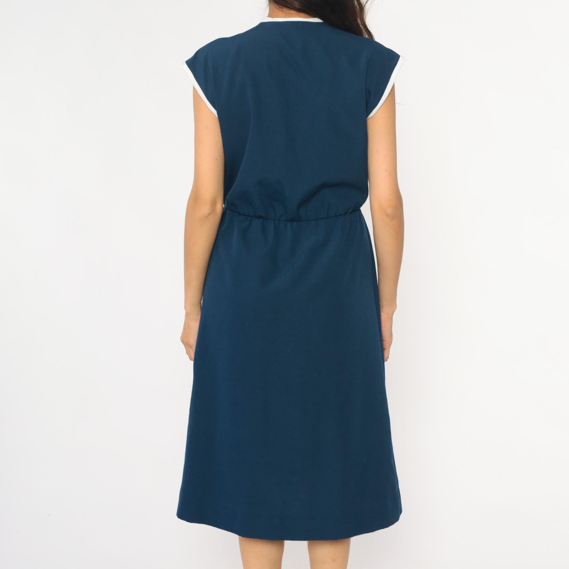 80s Toni Todd Navy Wrap Dress White Trim Cap Sleeve Midi Small Medium