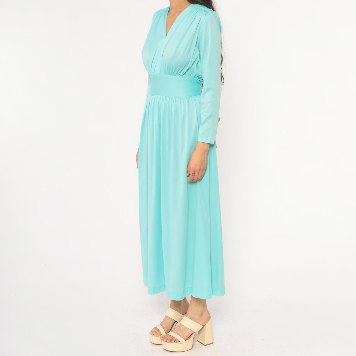 70s Enrico Serrati Aqua Maxi Dress V-Neck Tie Waist Long Sleeve Medium