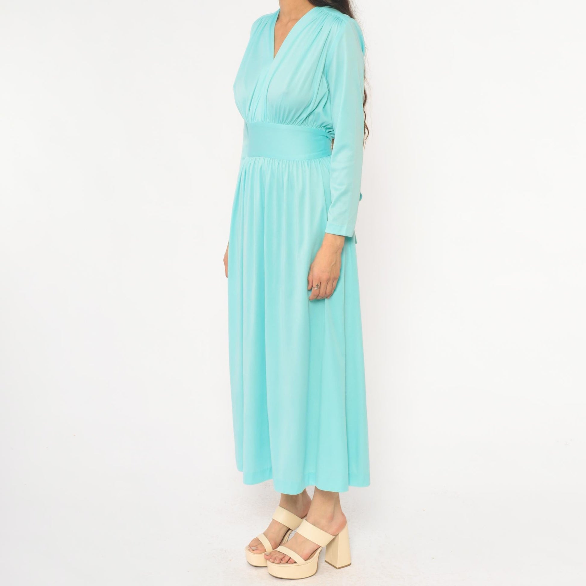 70s Enrico Serrati Aqua Maxi Dress V-Neck Tie Waist Long Sleeve Medium