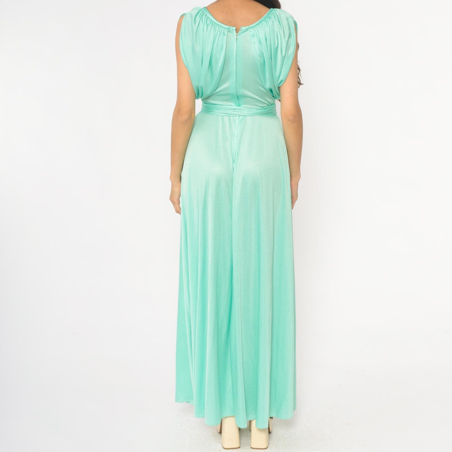 70s Mint Green Maxi Dress Ruched Neckline Tie Belt Sleeveless Small