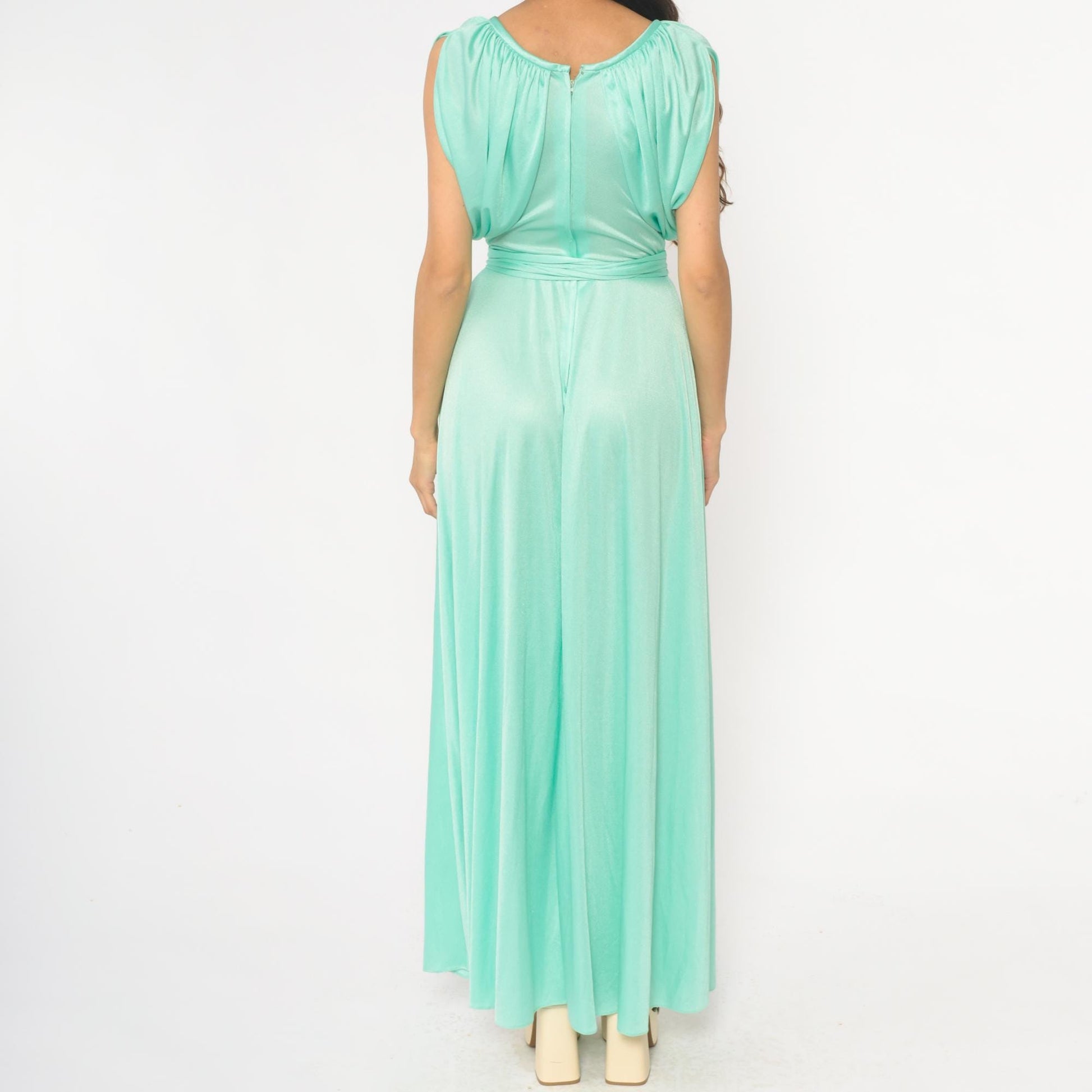 70s Mint Green Maxi Dress Ruched Neckline Tie Belt Sleeveless Small