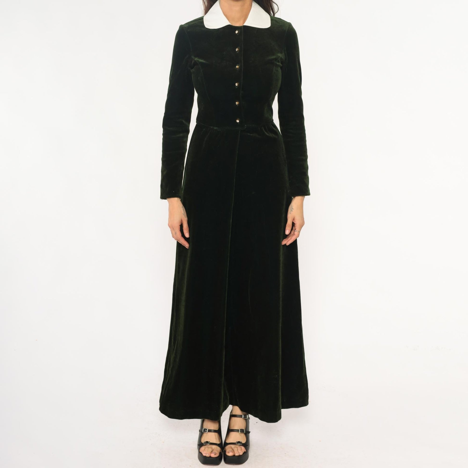 70s Dark Emerald Velvet Maxi Dress White Collar Long Sleeve Extra Small