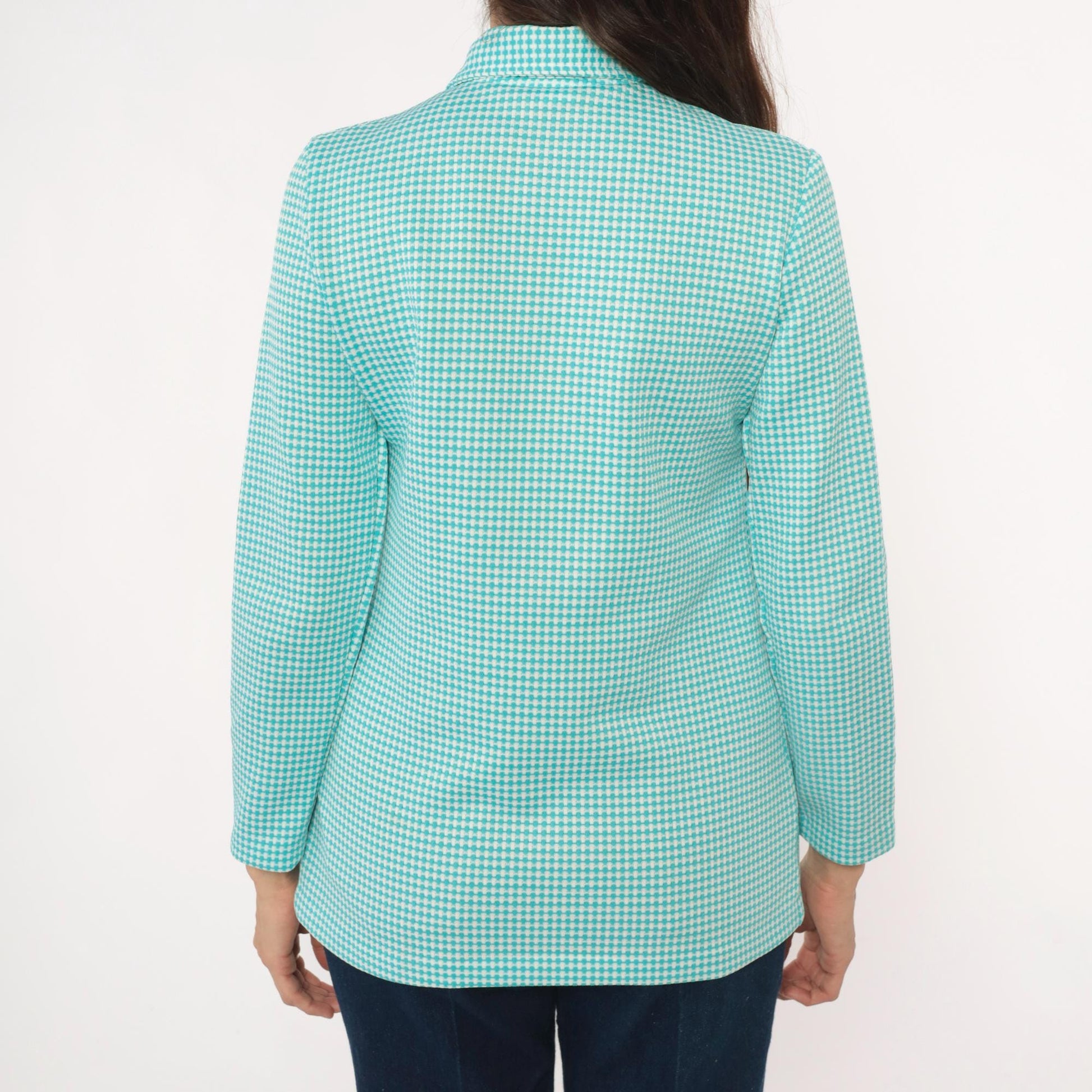 70s Turquoise Gingham Button-Front Shirt Chest Pocket Long Sleeve Small