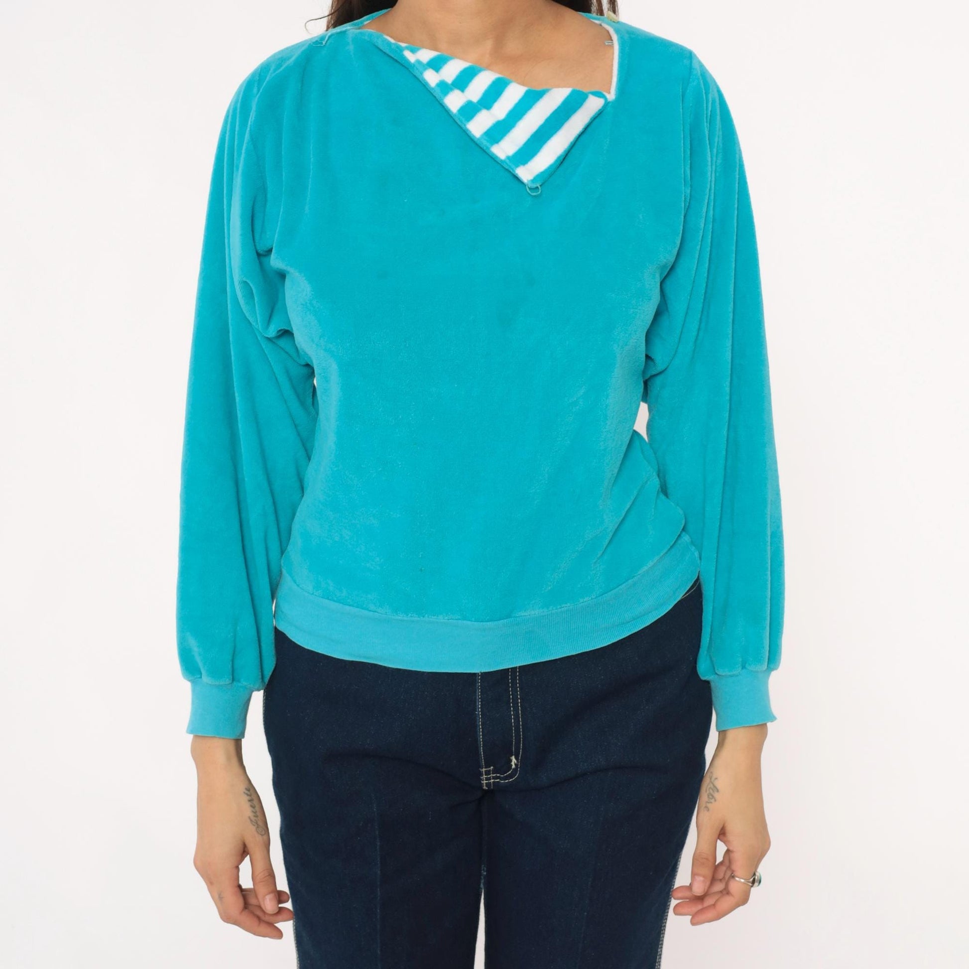 80s Terrycloth Sweatshirt Teal Asymmetrical Neck Striped Collar Pullover Small