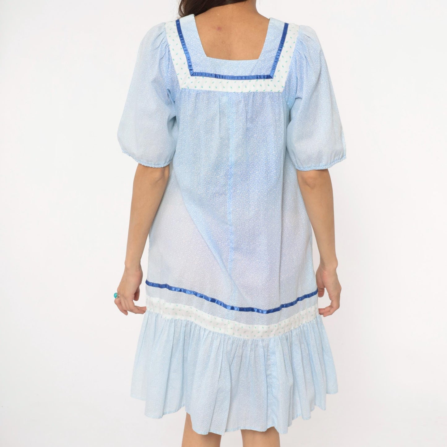 80s Light Blue Hawaiian Dress Cotton Puff Sleeve Square Neck Empire Waist Extra Small