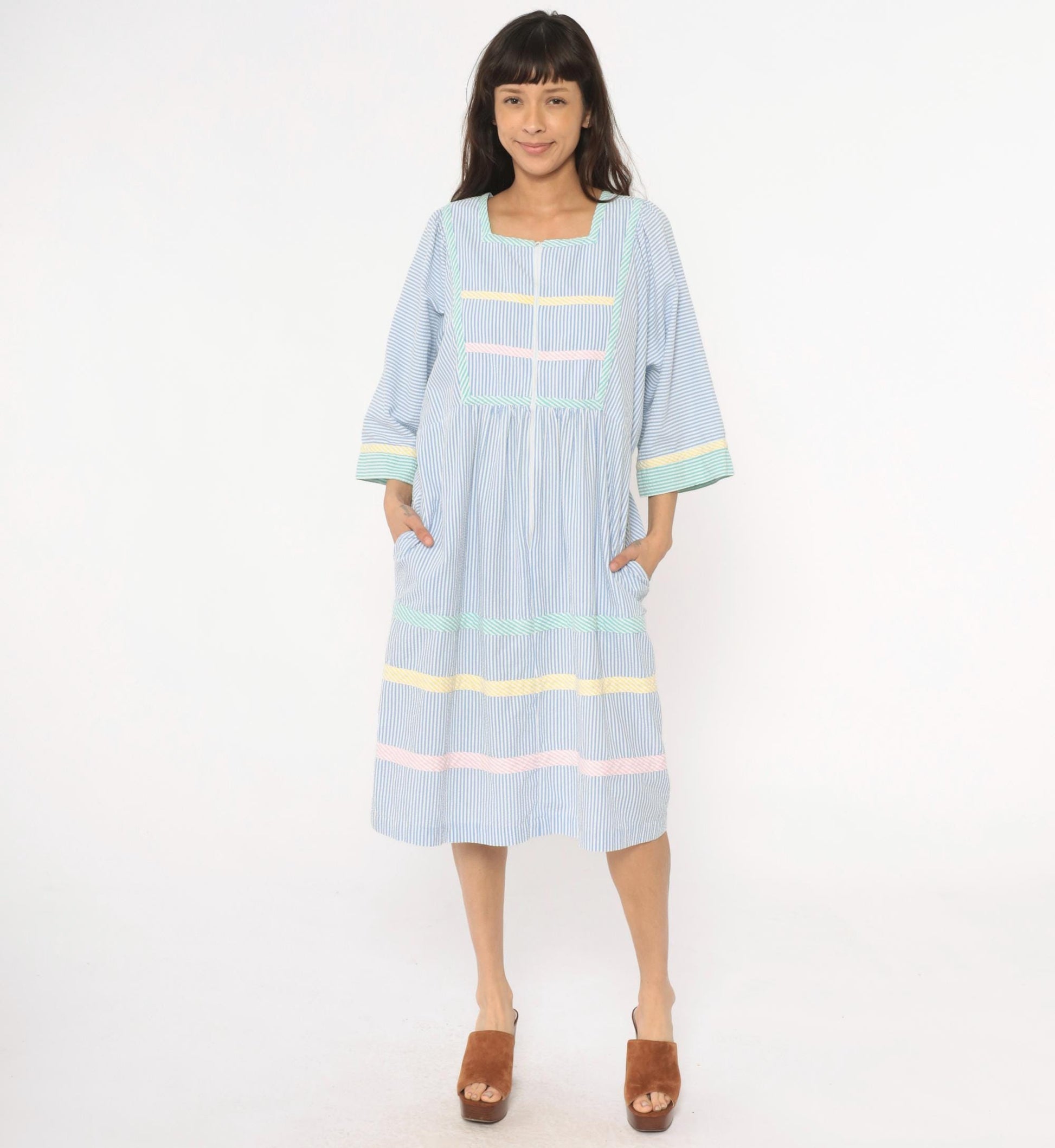 80s Saybury Seersucker Striped Dress Blue White Rickrack Trim Large