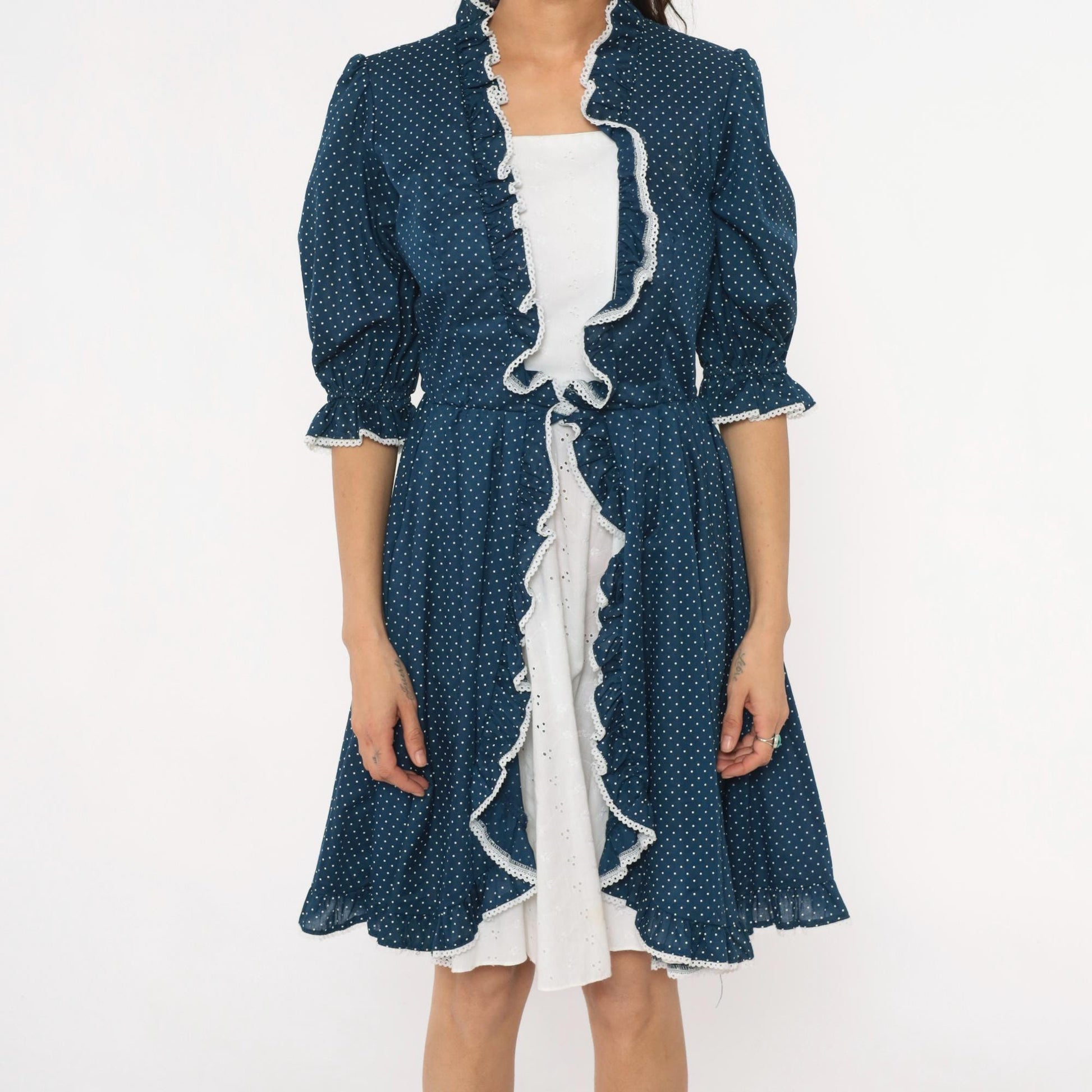 80s Navy Polka Dot Square Dance Dress White Eyelet Ruffle Cotton Small