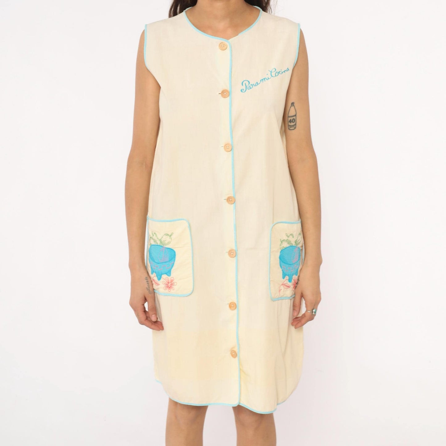 80s Yellow Cotton House Dress Para Mi Cocina Embroidered Molcajete Medium