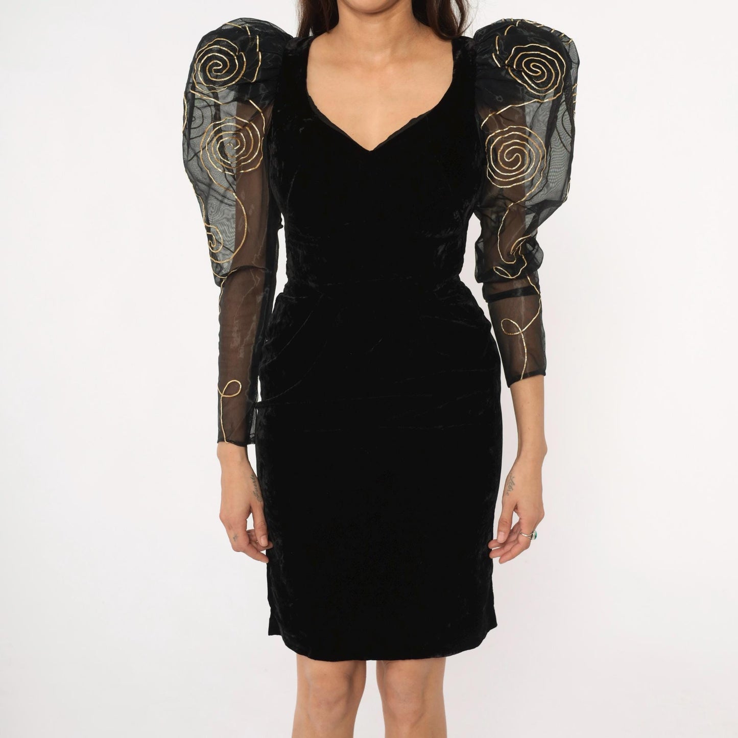 90s Black Velvet Puff Sleeve Dress Gold Embroidered Organza Open Back Small