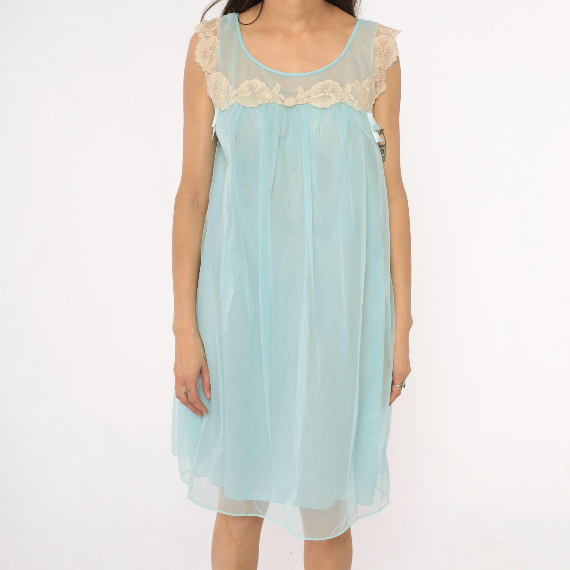 70s Aqua Babydoll Nightgown Sheer Lace Empire Waist Negligee Medium