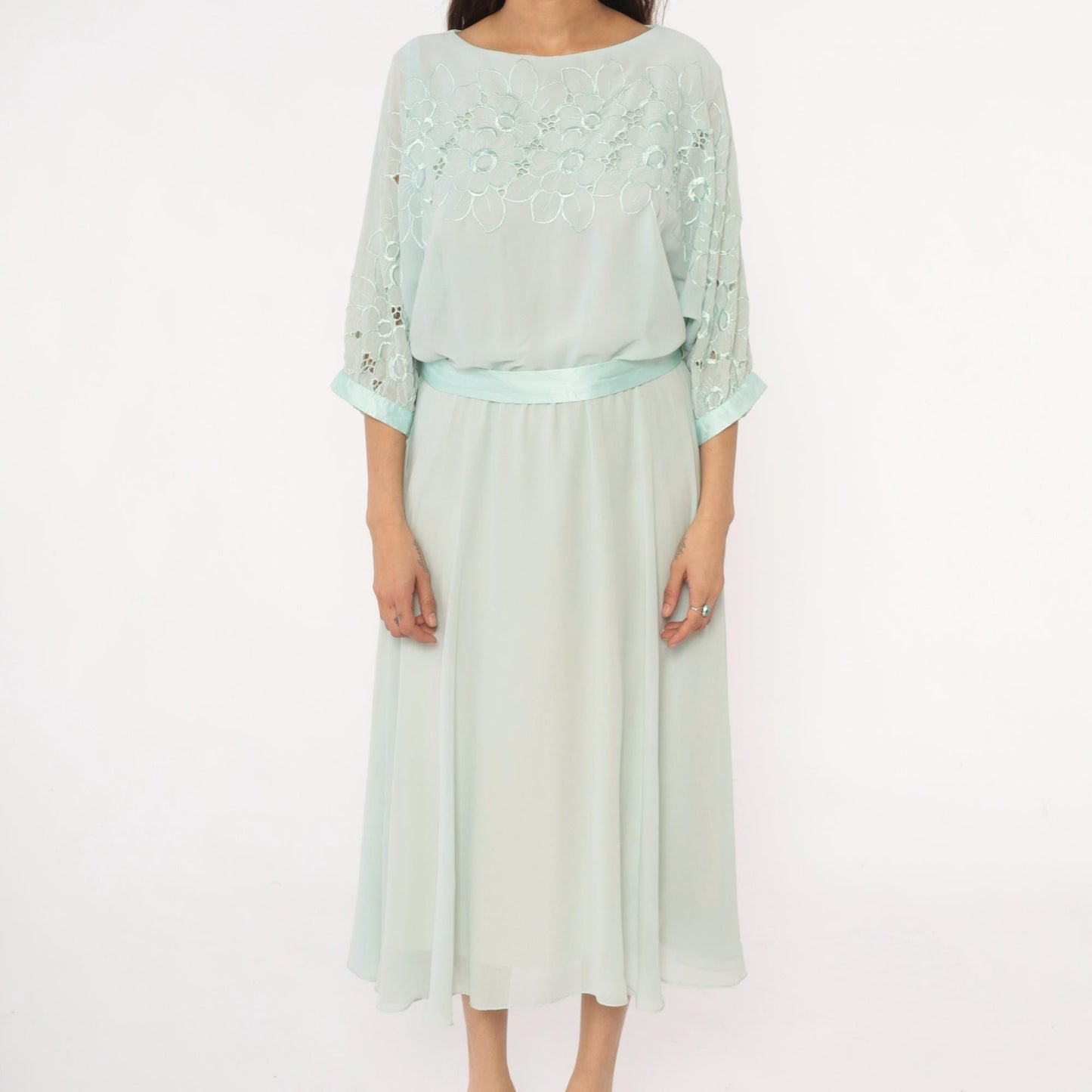 80s Ursula Mint Green Midi Dress Embroidered Floral Cutwork Sheer Large