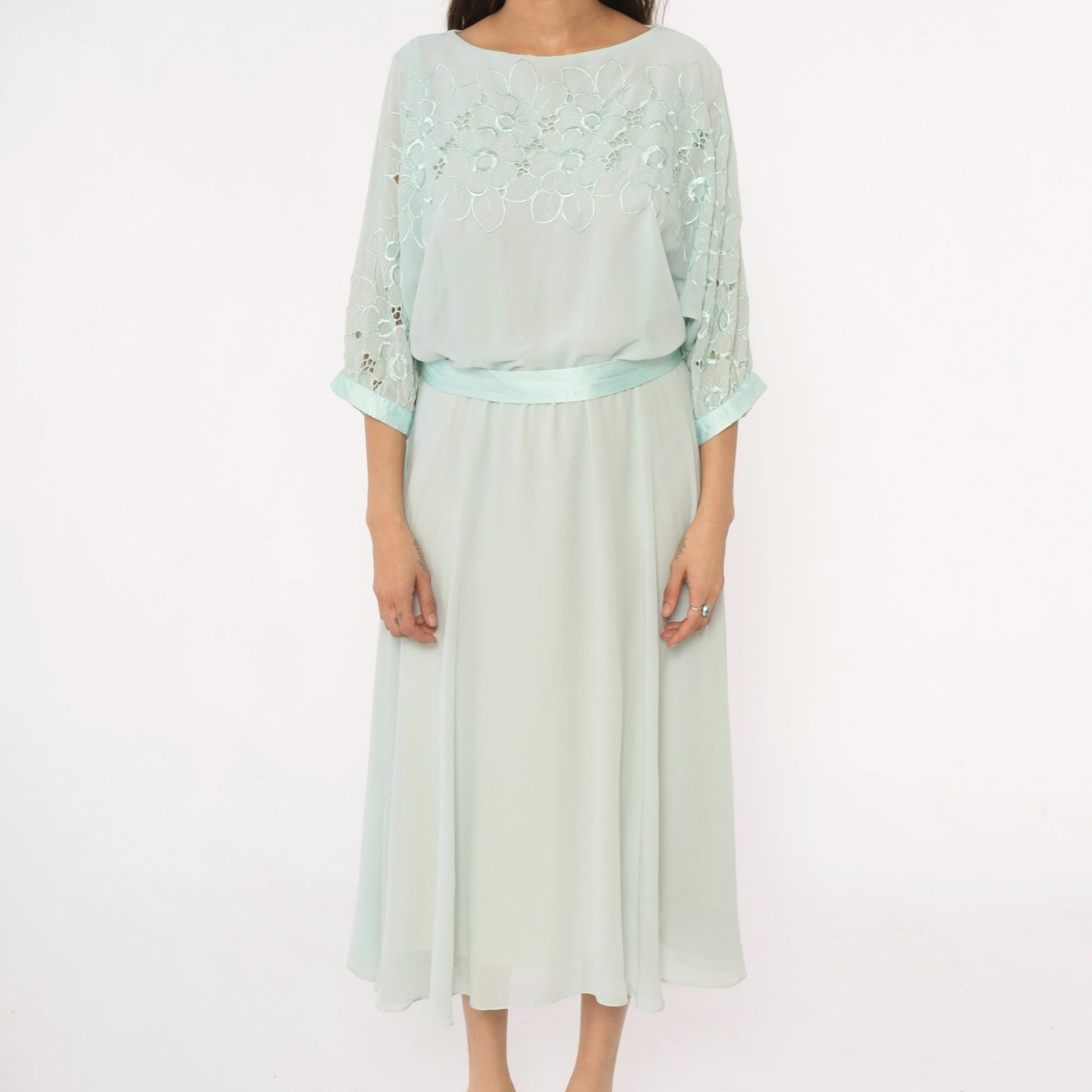 80s Ursula Mint Green Midi Dress Embroidered Floral Cutwork Sheer Large
