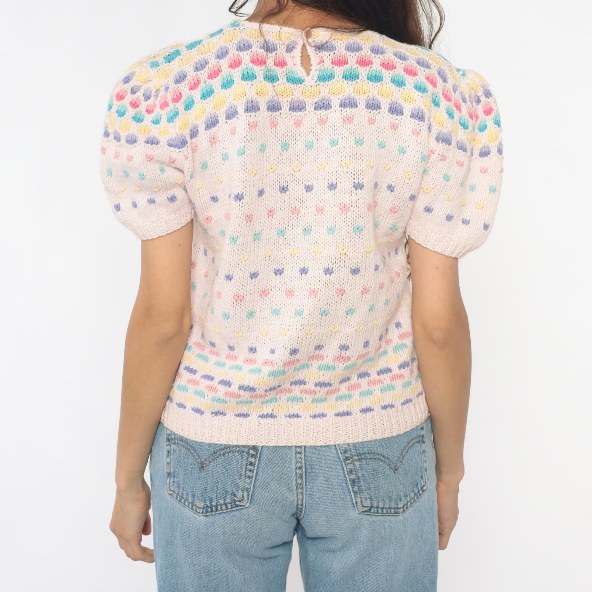 80s Deans of Scotland Puff Sleeve Knit Top Cream Polka Dot Small